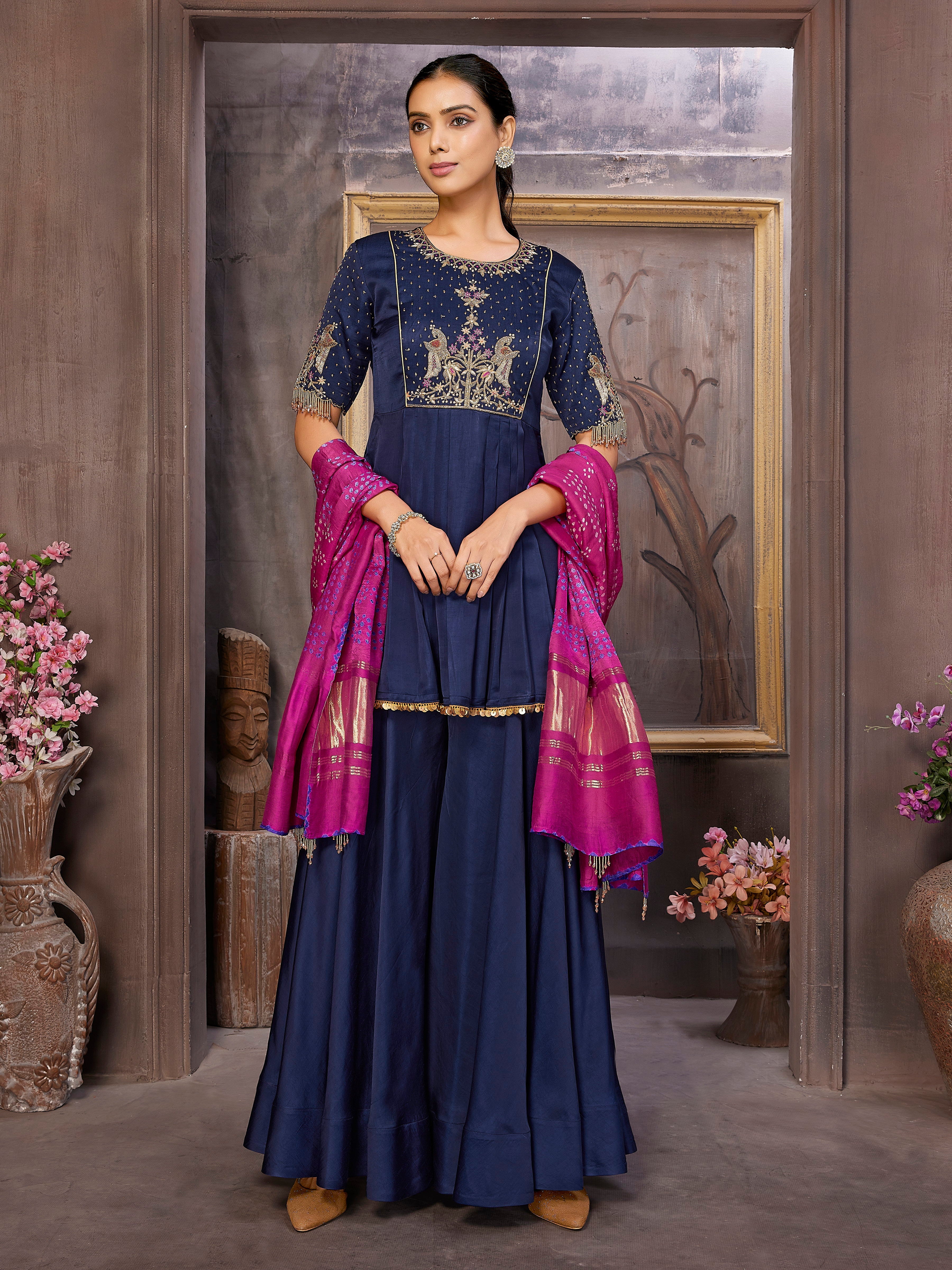Handcrafted Satin Silk Kurta with Palazzo and Rani Pink Bandni Dupatta