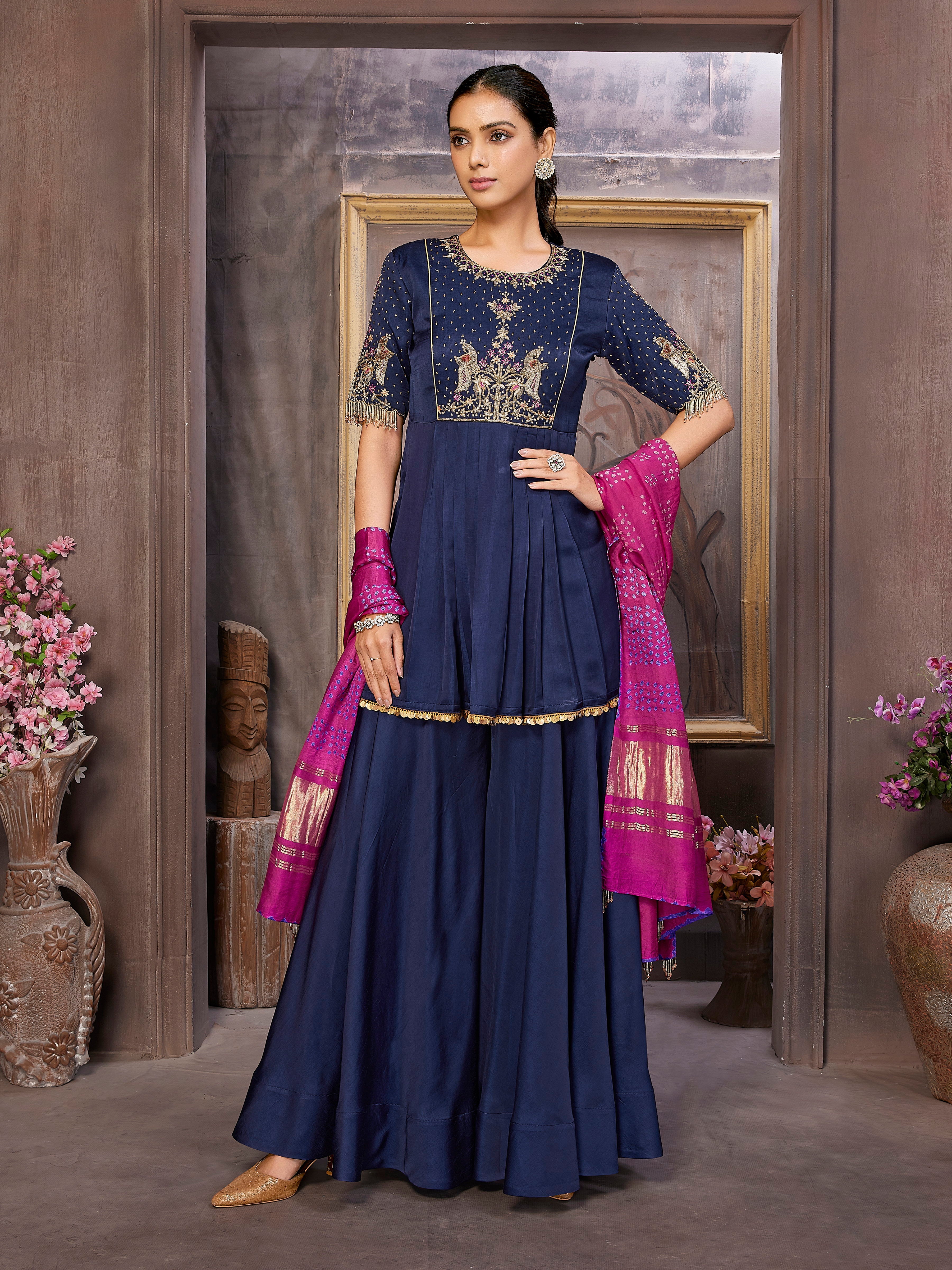 Handcrafted Satin Silk Kurta with Palazzo and Rani Pink Bandni Dupatta