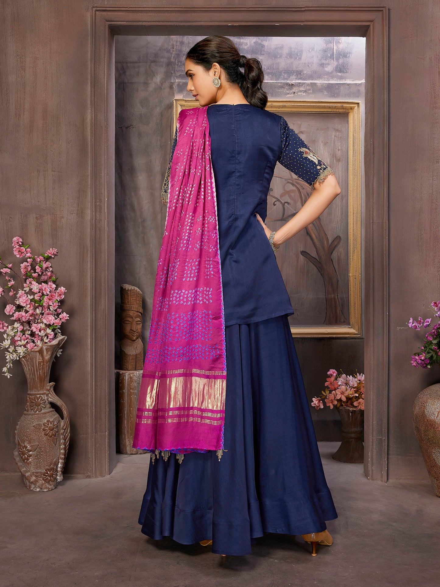 Handcrafted Satin Silk Kurta with Palazzo and Rani Pink Bandni Dupatta