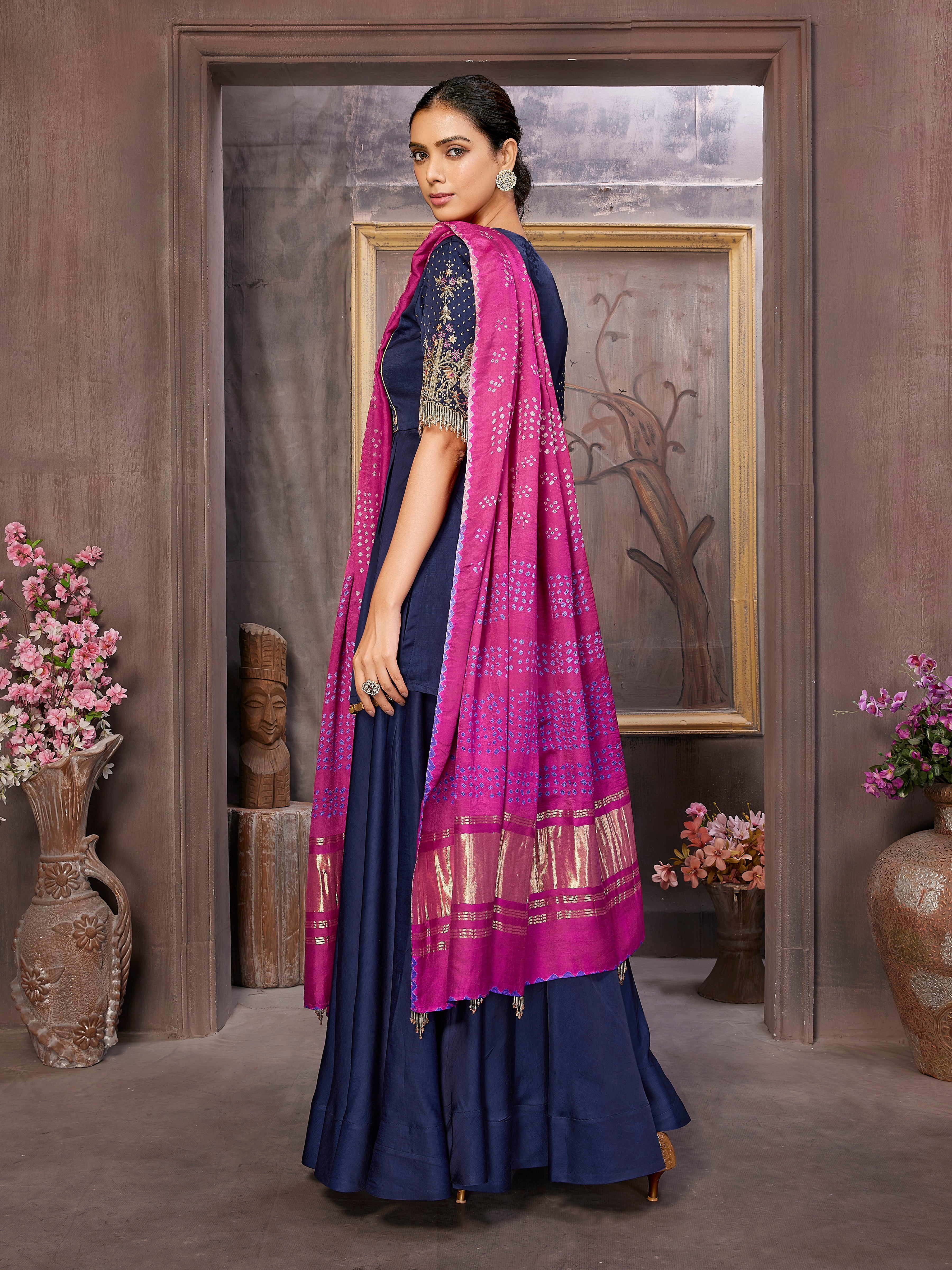 Handcrafted Satin Silk Kurta with Palazzo and Rani Pink Bandni Dupatta