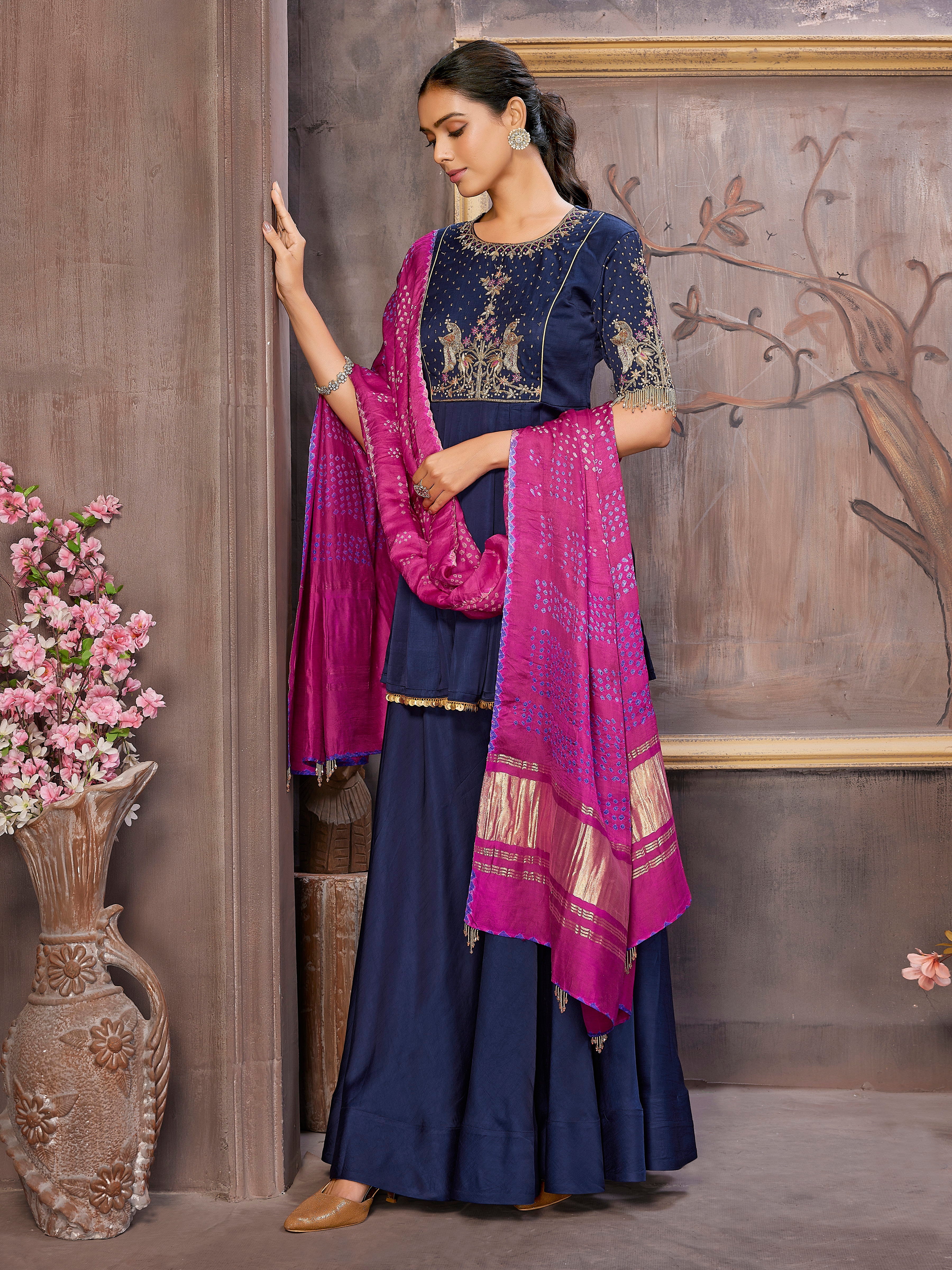 Handcrafted Satin Silk Kurta with Palazzo and Rani Pink Bandni Dupatta
