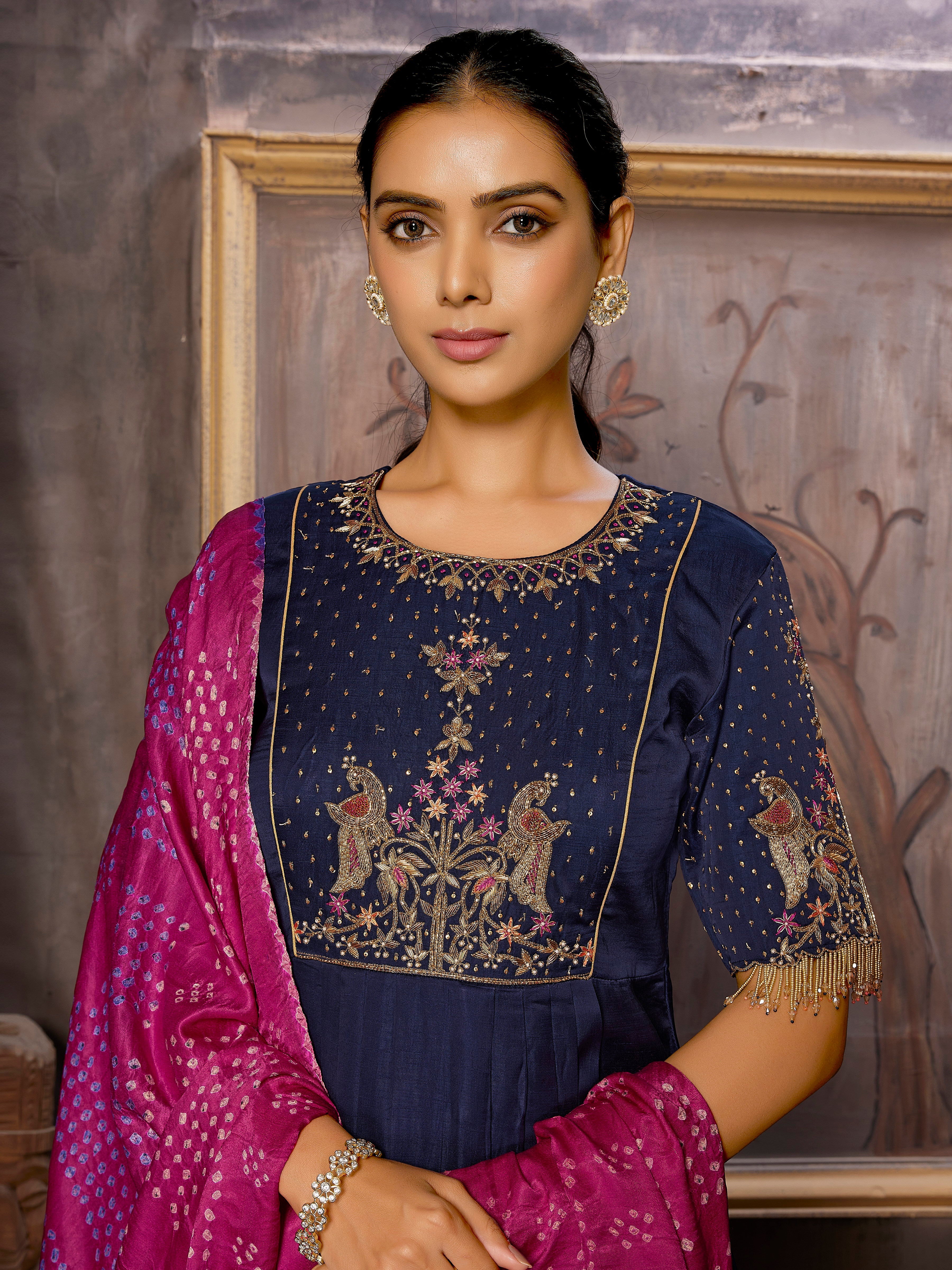 Handcrafted Satin Silk Kurta with Palazzo and Rani Pink Bandni Dupatta