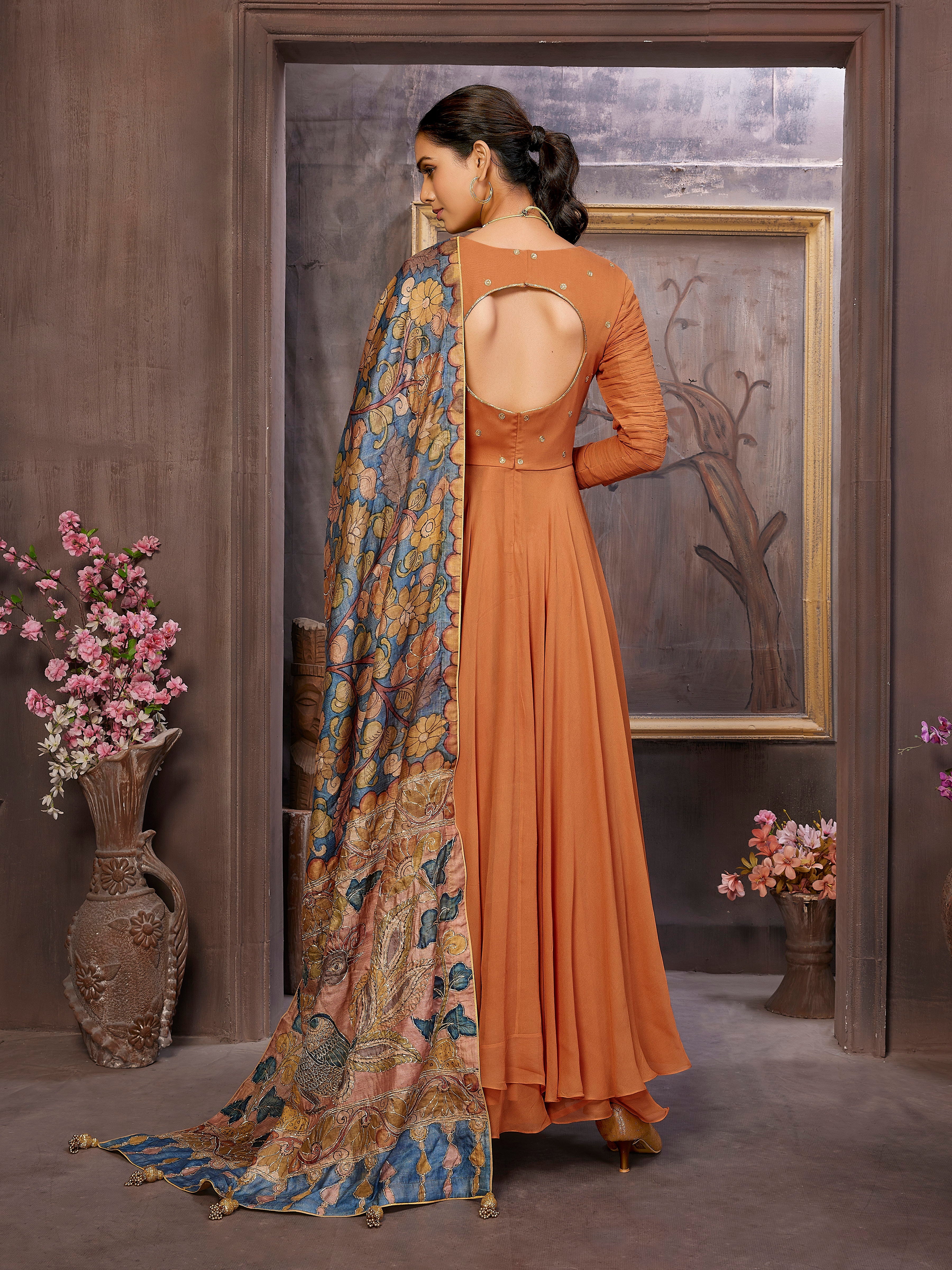 Rustic Orange Pure Georgette Gown with Flairy Palazzo and Klamkari Handwork Dupatta