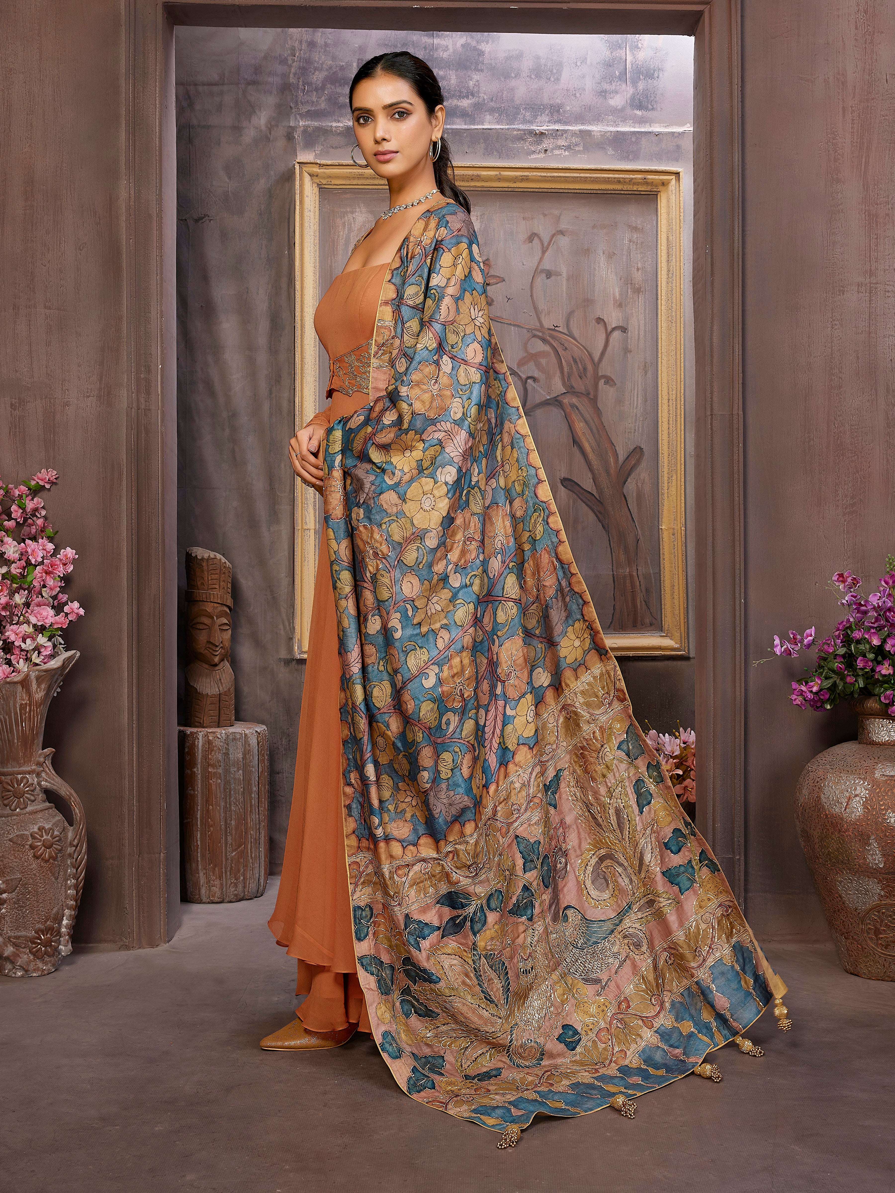Rustic Orange Pure Georgette Gown with Flairy Palazzo and Klamkari Handwork Dupatta