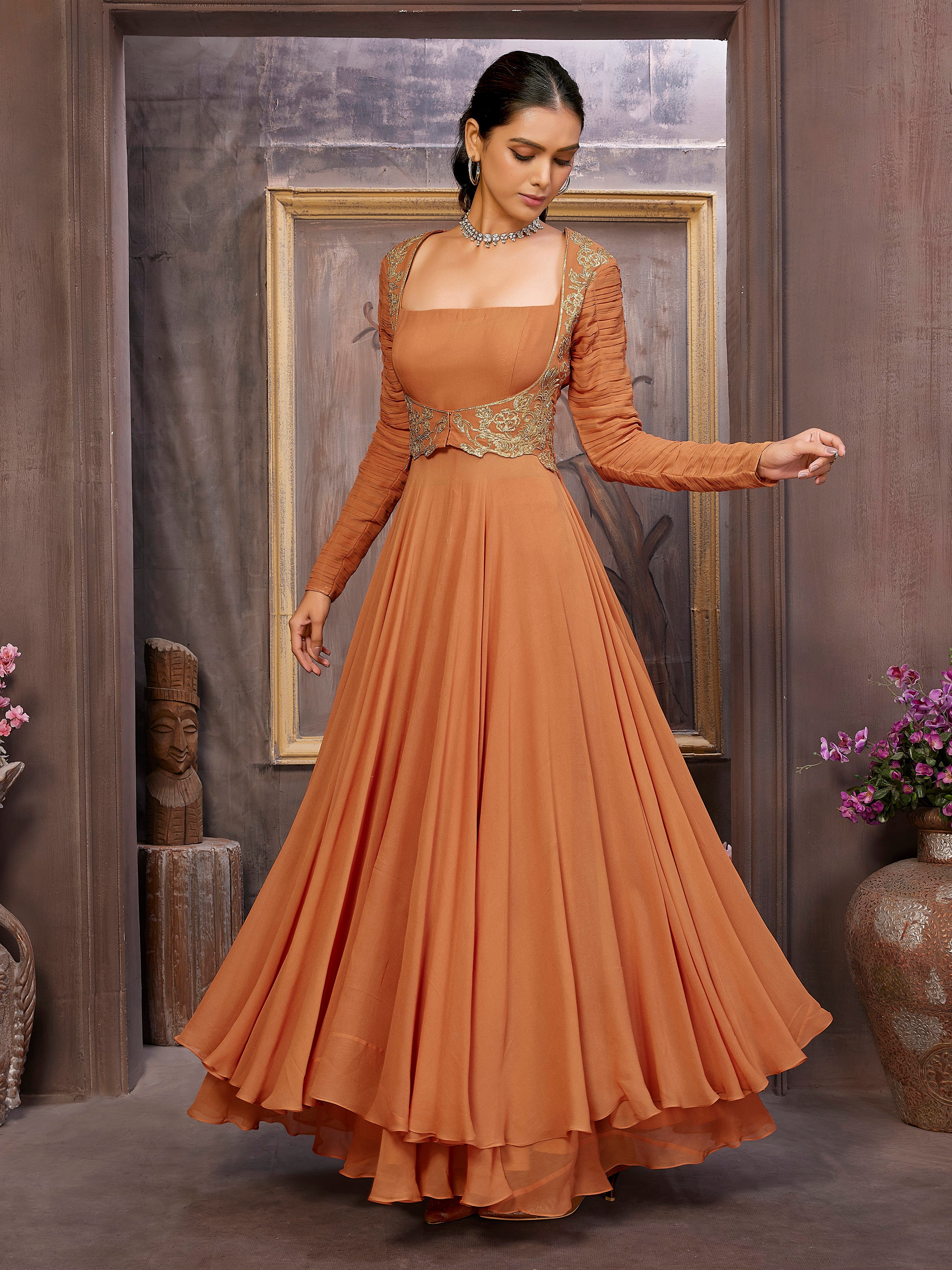 Rustic Orange Pure Georgette Gown with Flairy Palazzo and Klamkari Handwork Dupatta