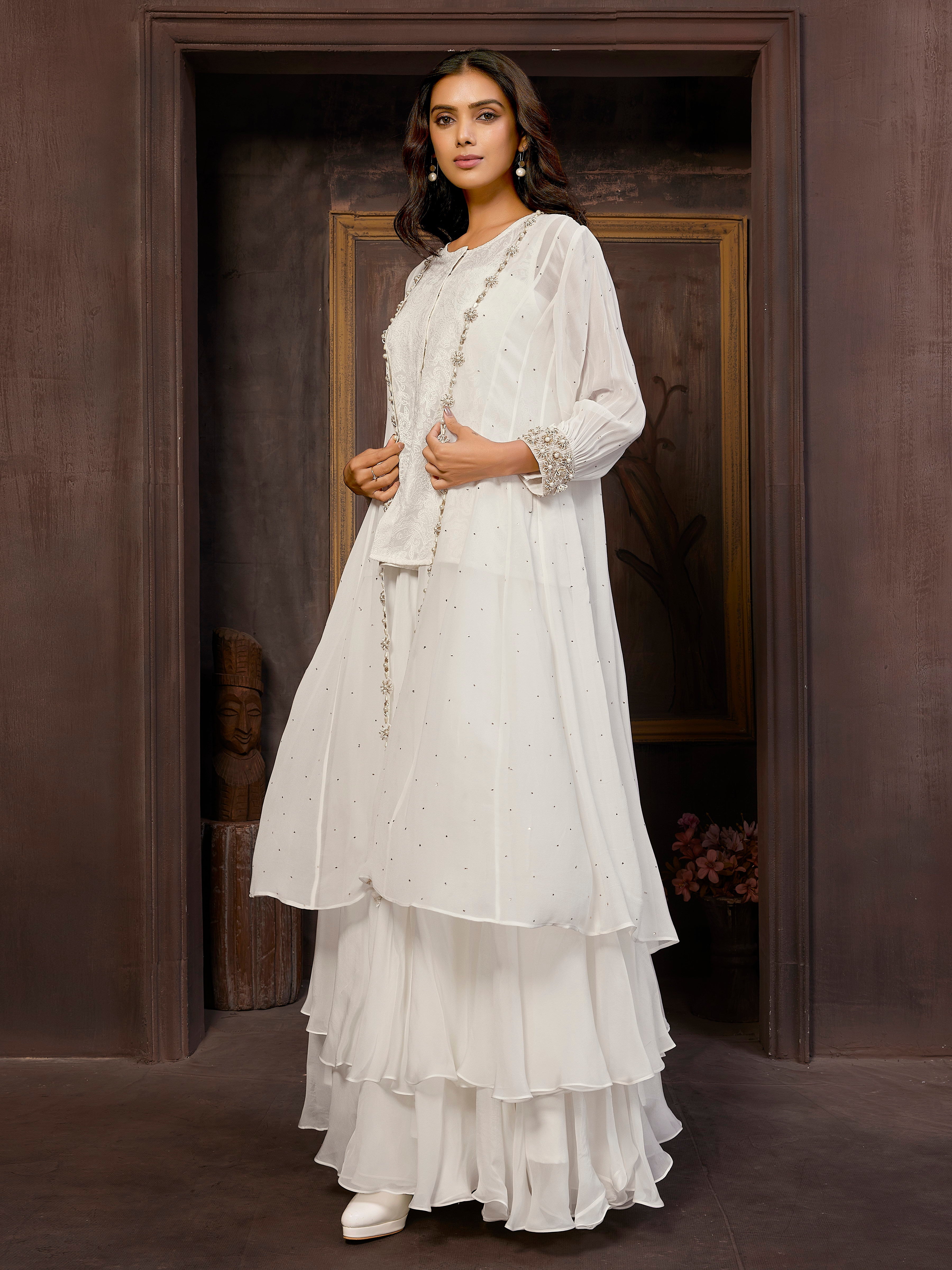 Elegant White 4-Piece Pure Georgette Indo-Western Dress