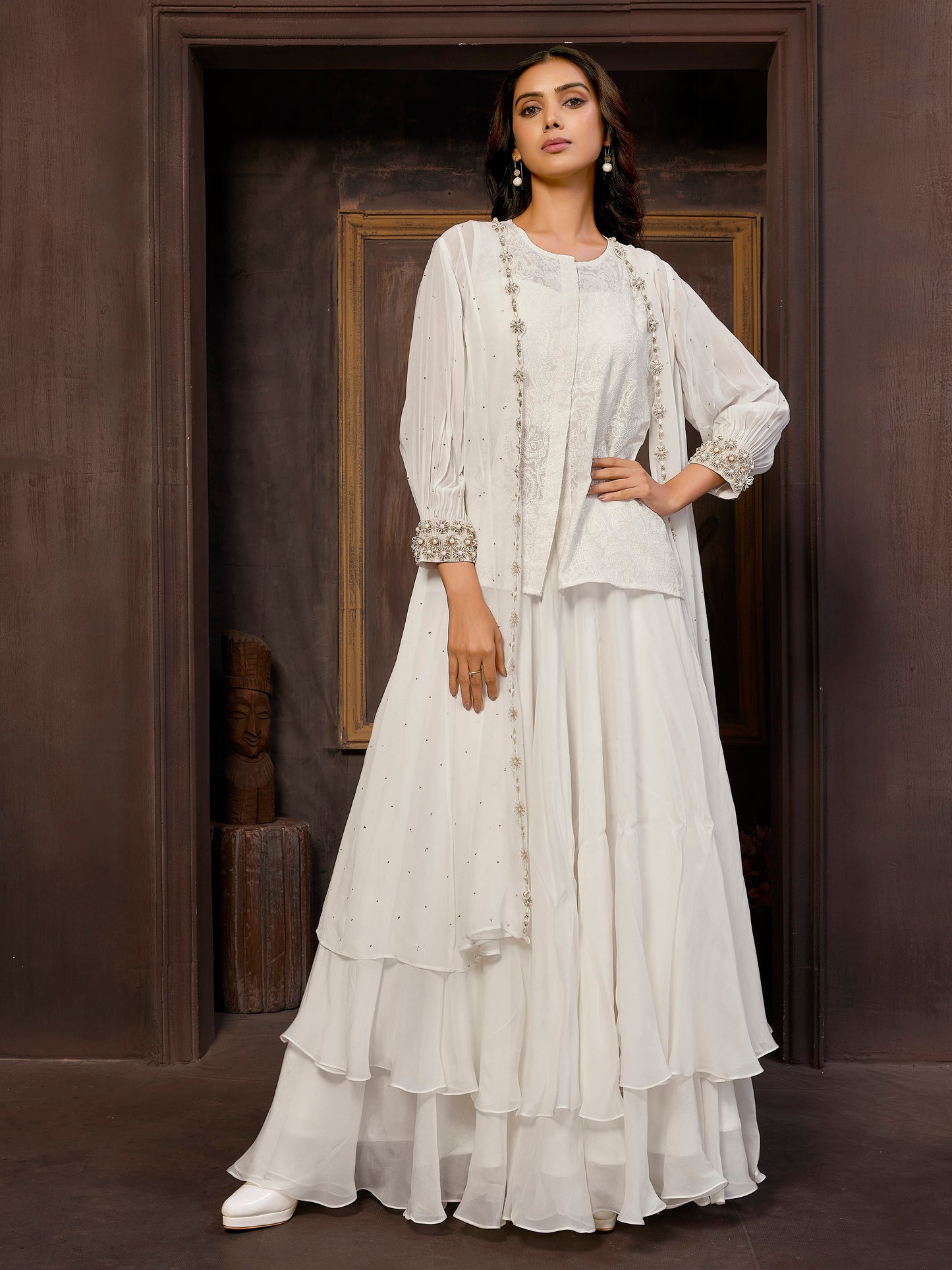 Elegant White 4-Piece Pure Georgette Indo-Western Dress