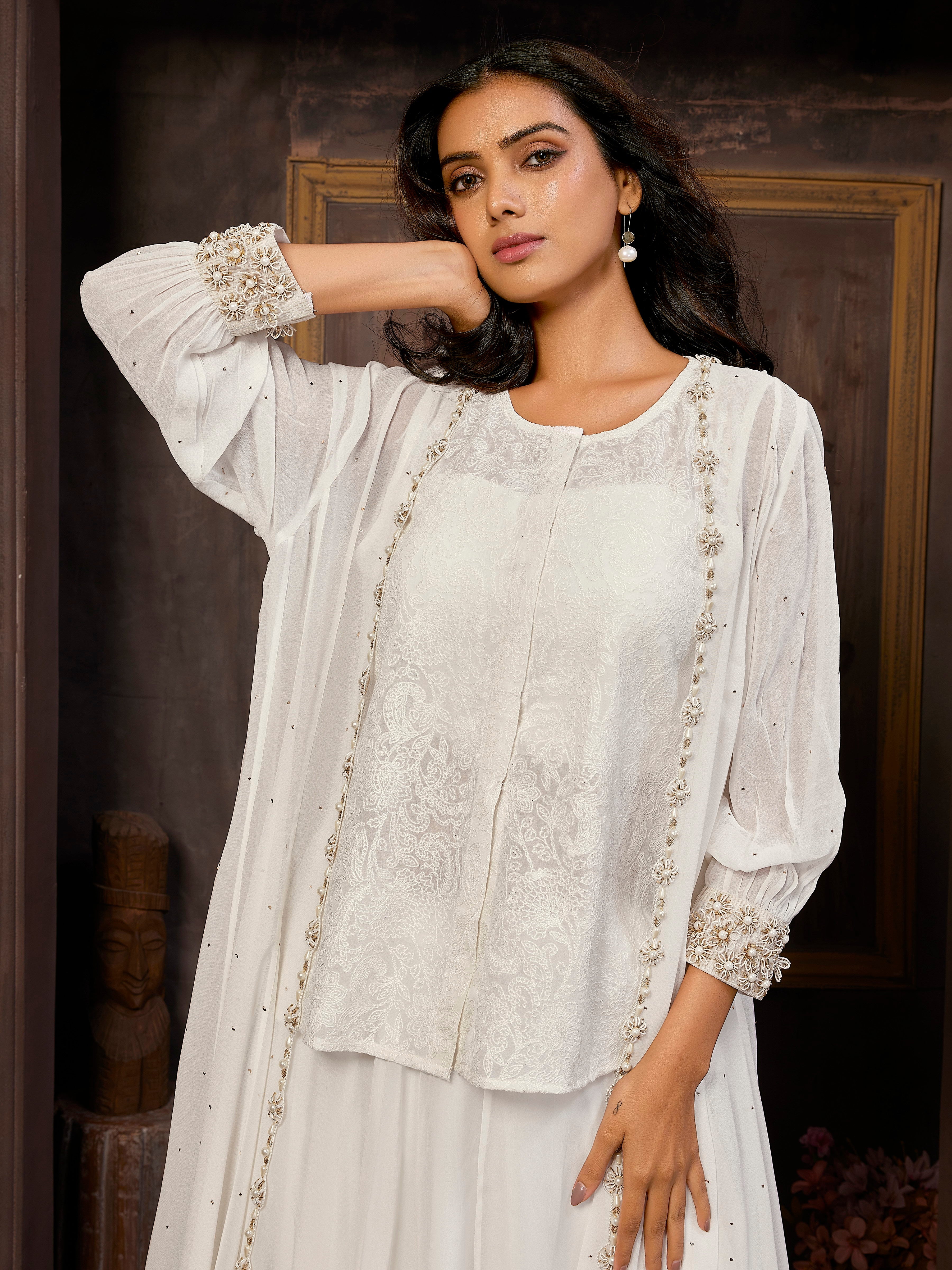 Elegant White 4-Piece Pure Georgette Indo-Western Dress