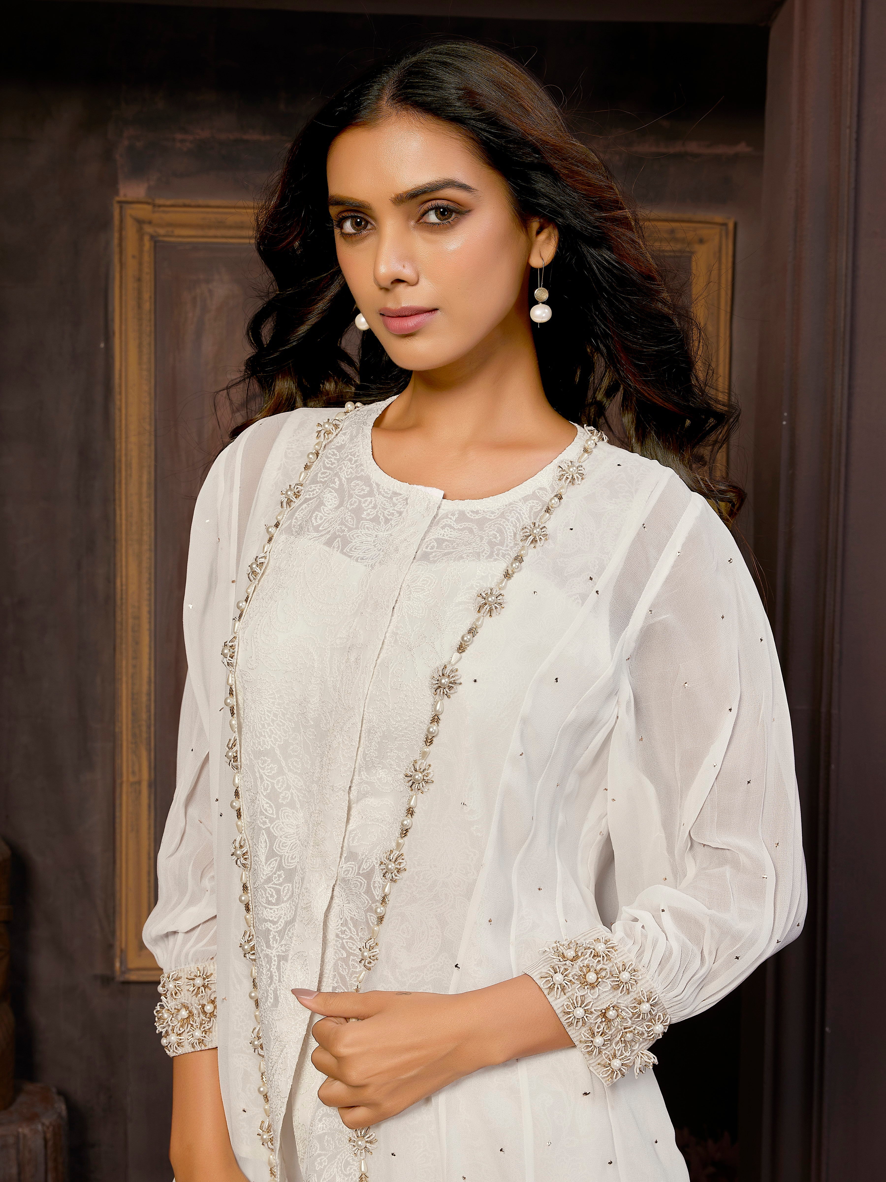 Elegant White 4-Piece Pure Georgette Indo-Western Dress