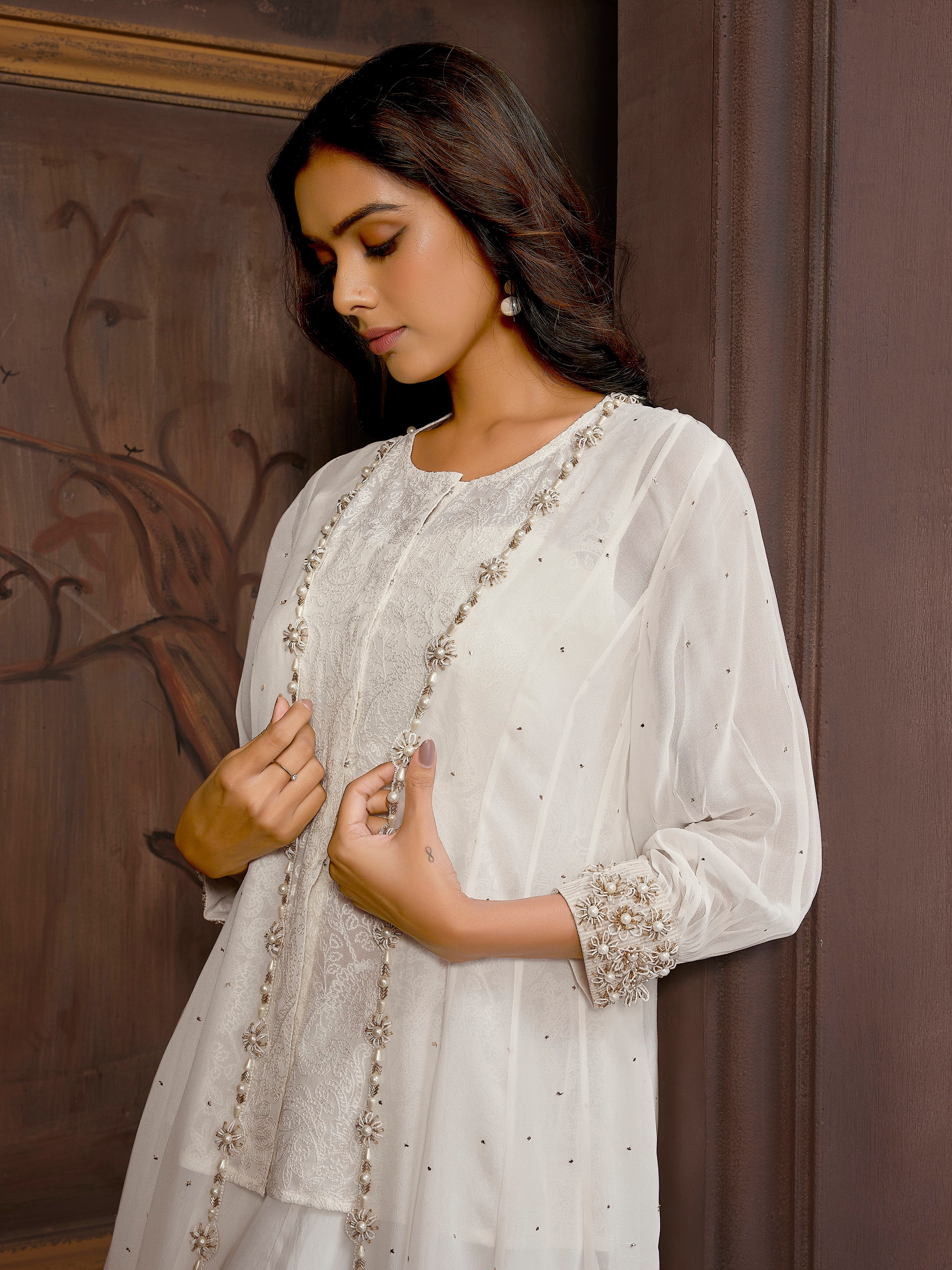 Elegant White 4-Piece Pure Georgette Indo-Western Dress