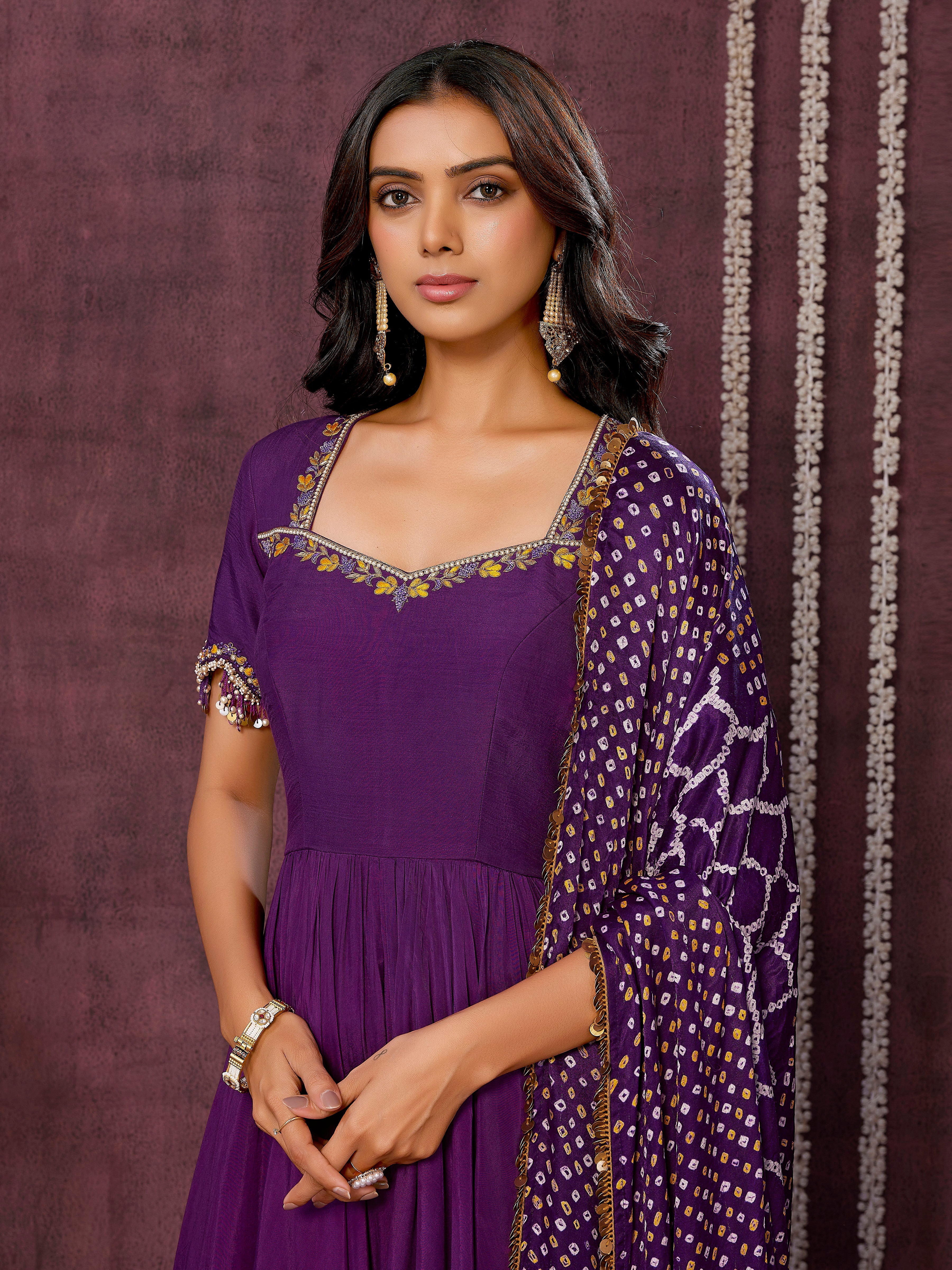 Purple Anarkali Set with Bandni Dupatta