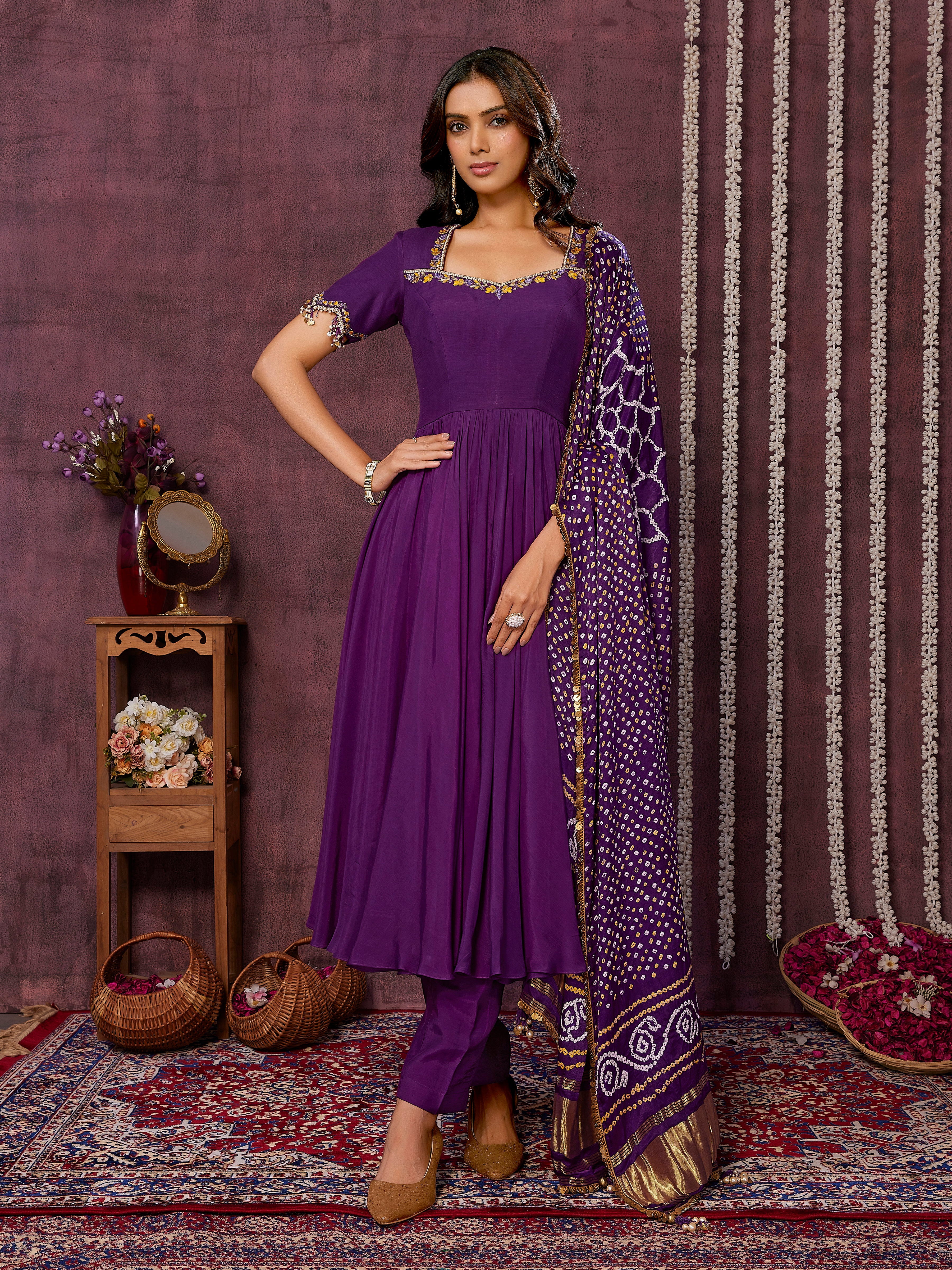 Purple Anarkali Set with Bandni Dupatta