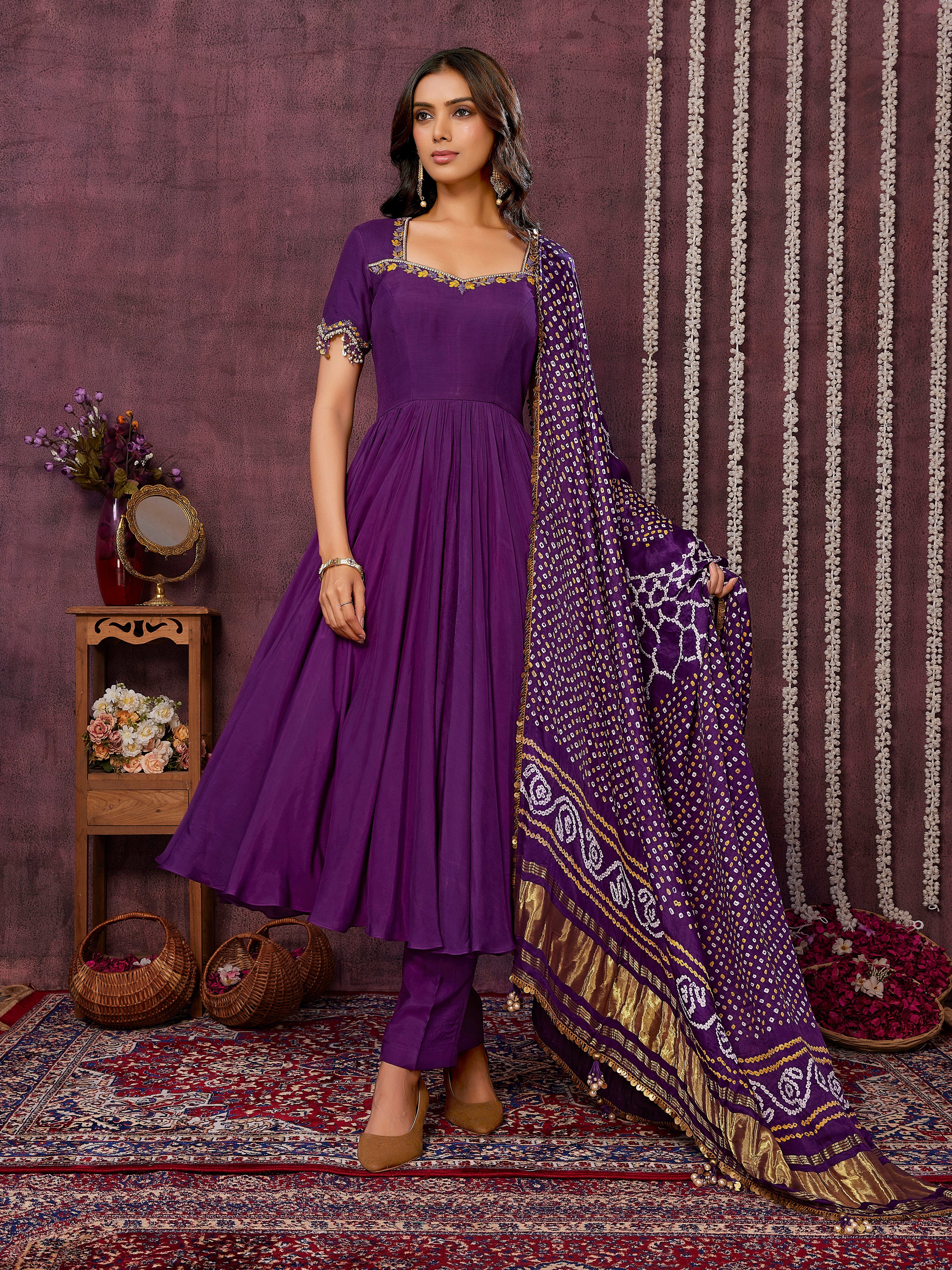Purple Anarkali Set with Bandni Dupatta