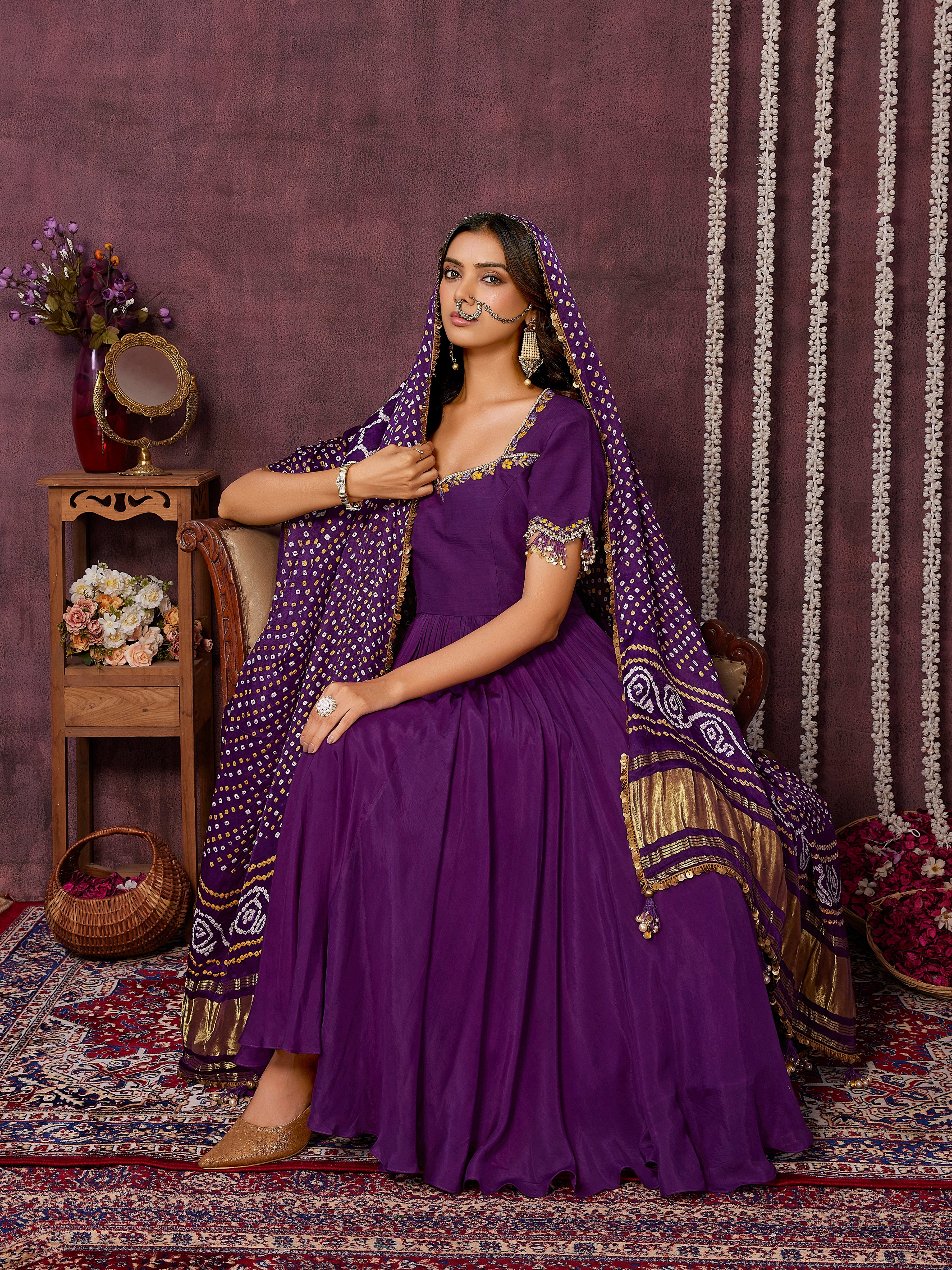 Purple Anarkali Set with Bandni Dupatta