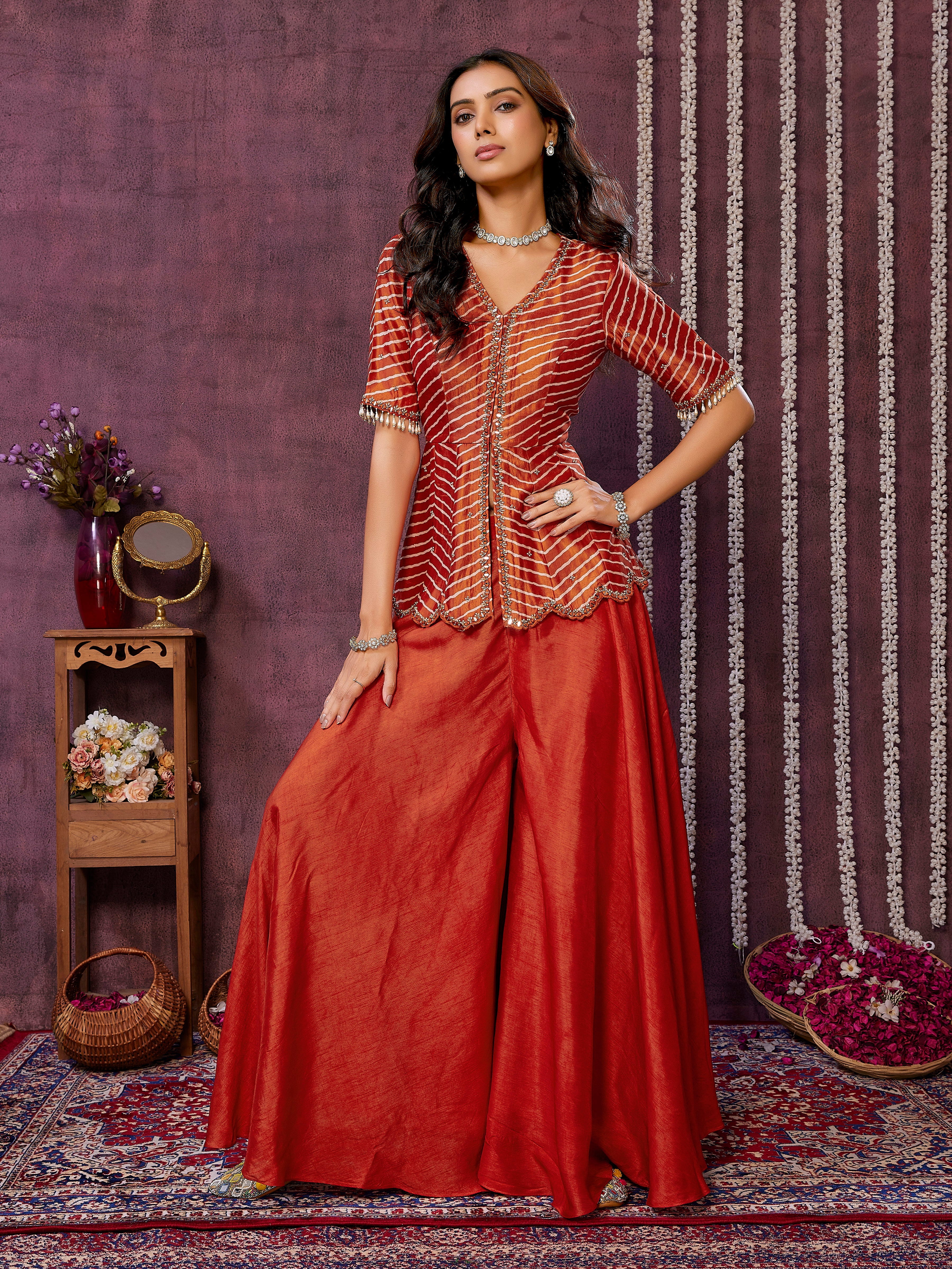 Orange Pure Silk Top with Flairy Palazzo in Flatro Silk