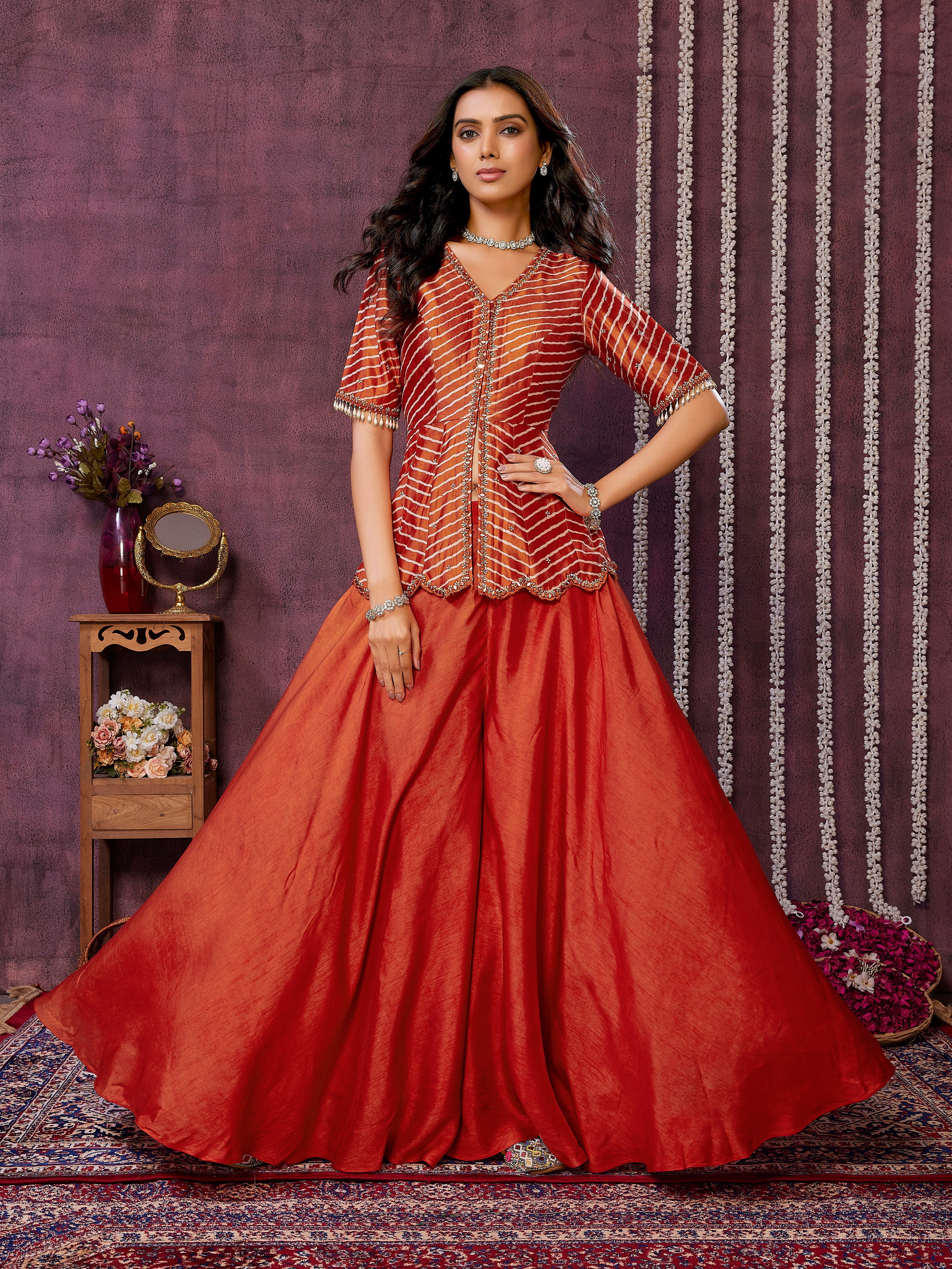 Orange Pure Silk Top with Flairy Palazzo in Flatro Silk