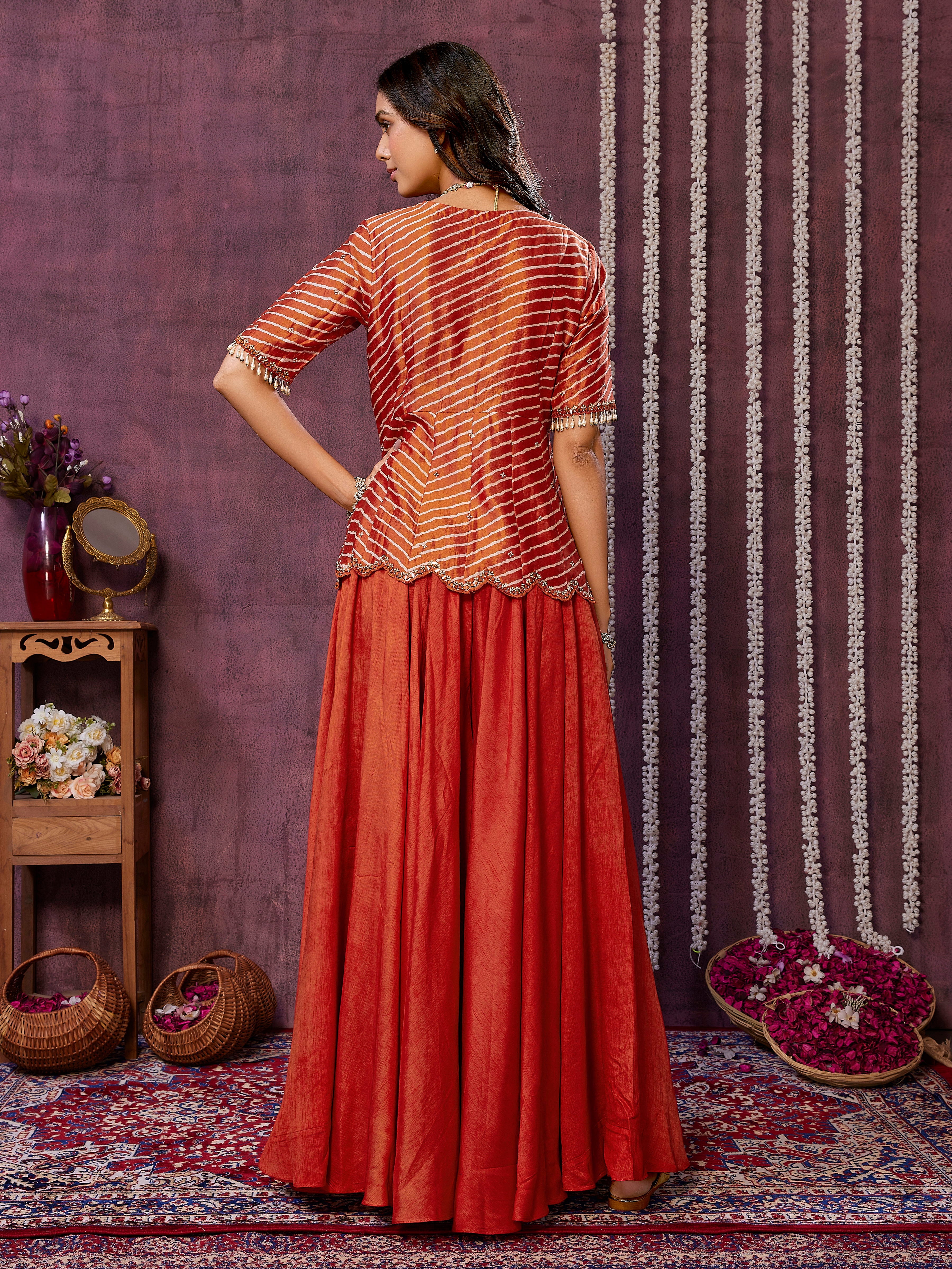 Orange Pure Silk Top with Flairy Palazzo in Flatro Silk