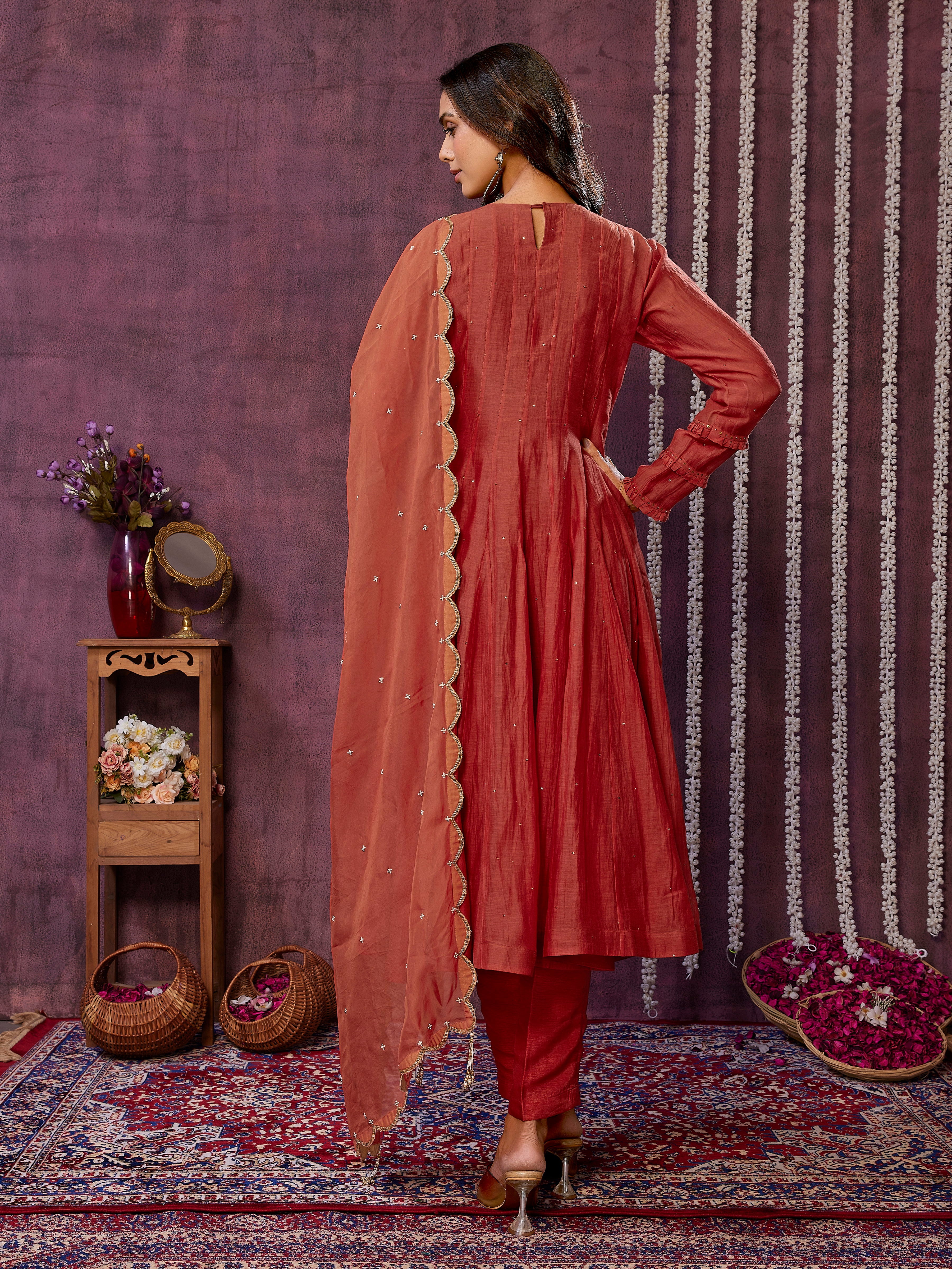 Rust Chanderi Silk Kurta Set with Organza Dupatta