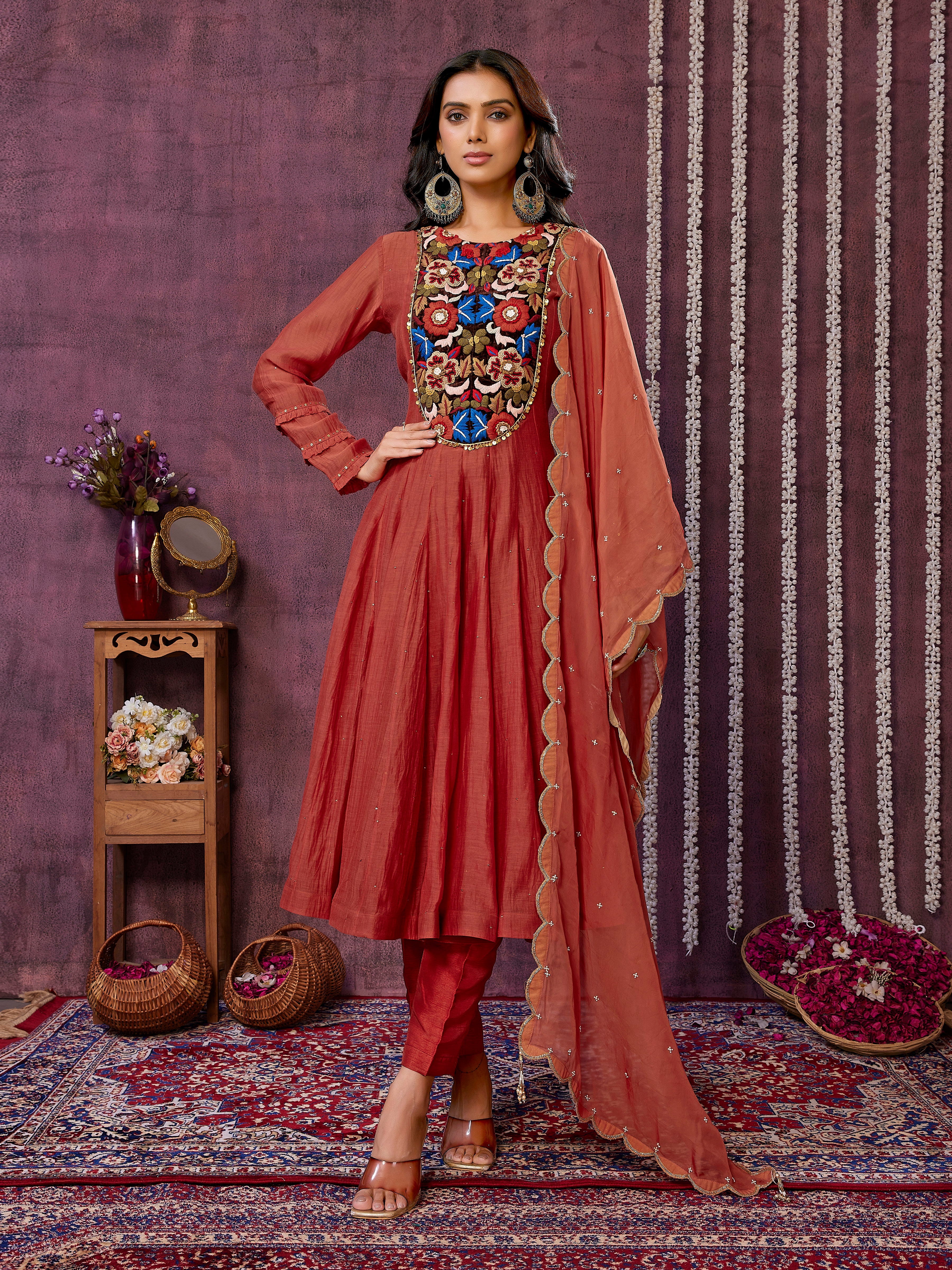 Rust Chanderi Silk Kurta Set with Organza Dupatta
