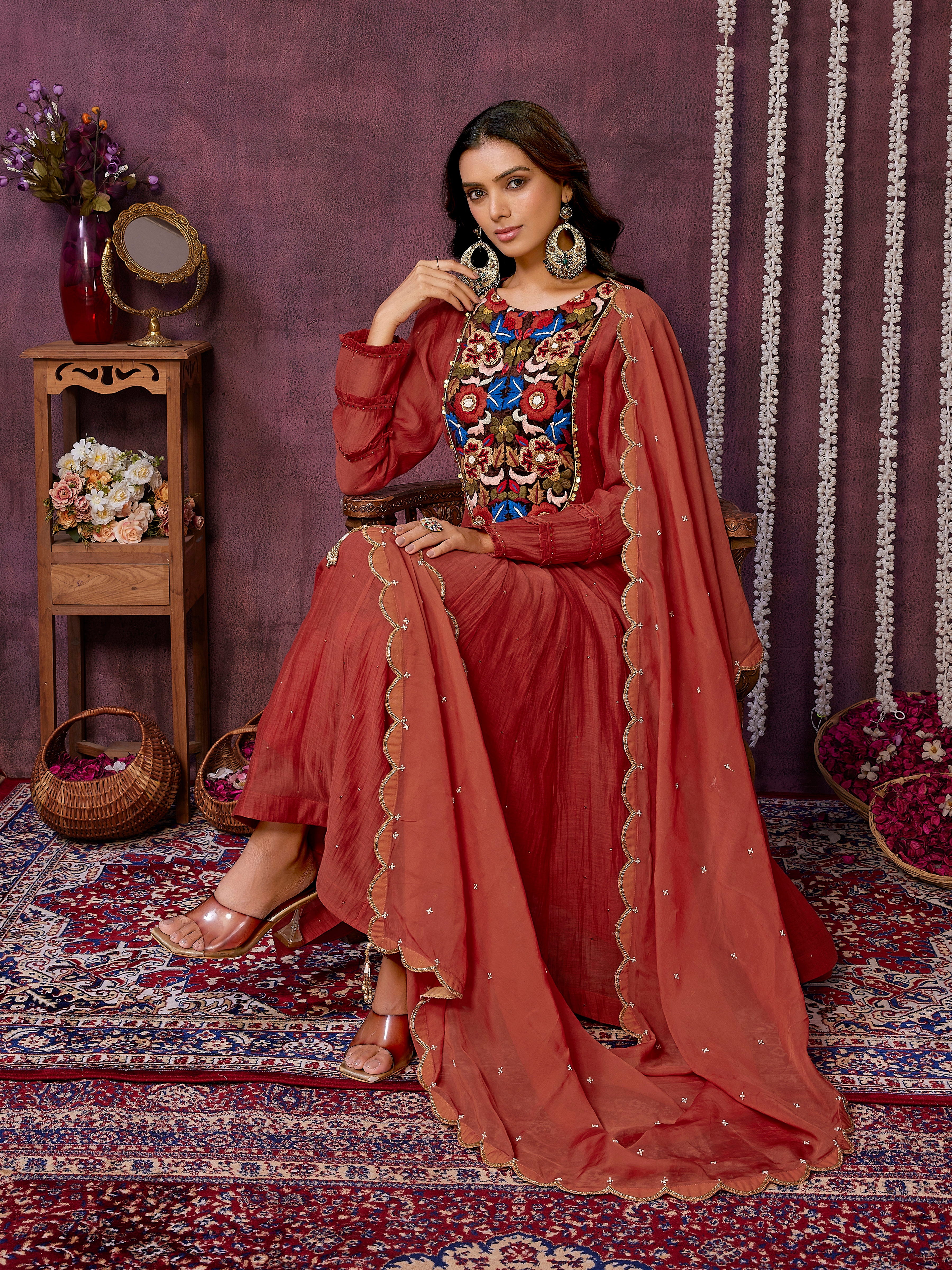 Rust Chanderi Silk Kurta Set with Organza Dupatta