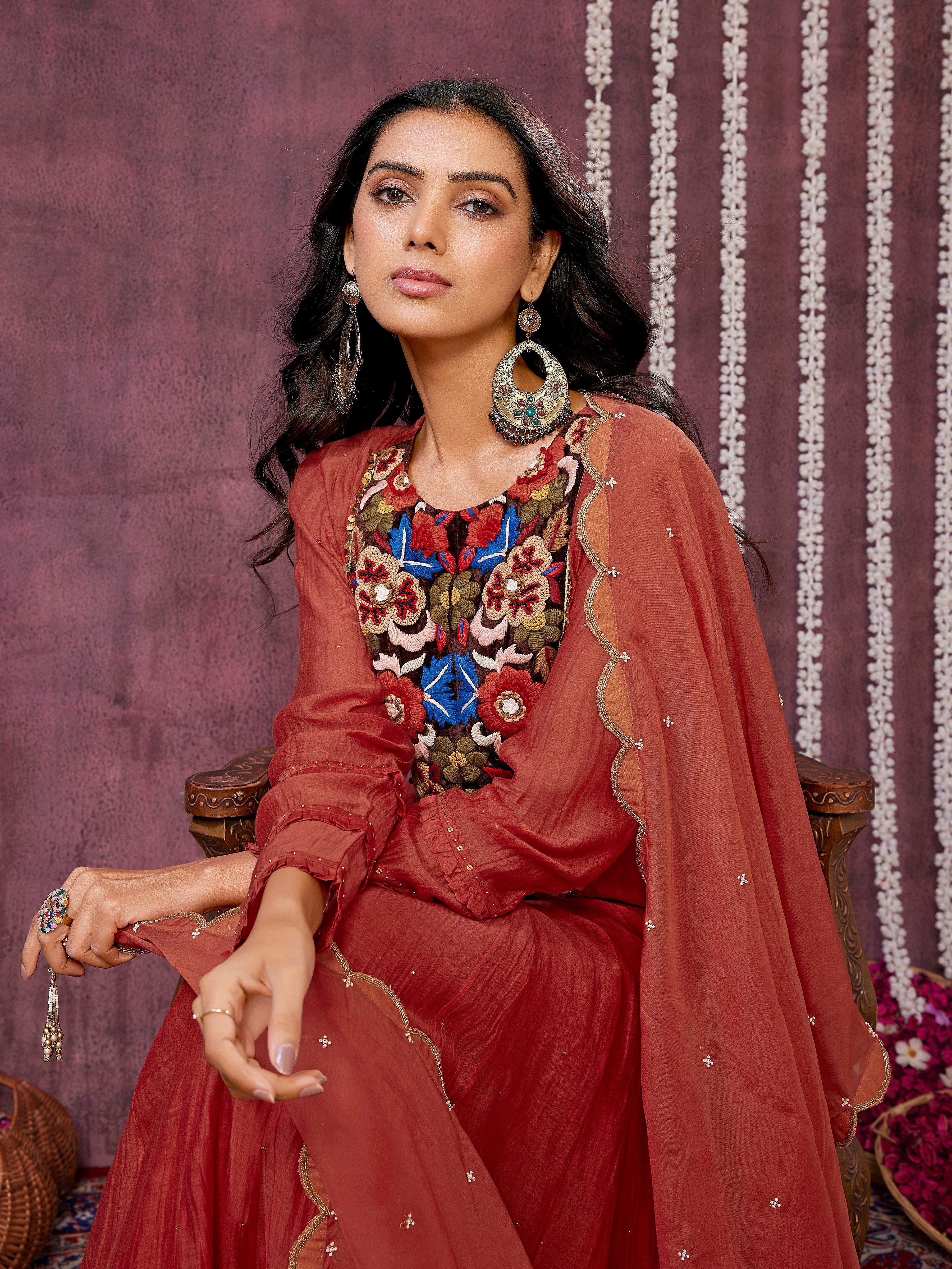 Rust Chanderi Silk Kurta Set with Organza Dupatta