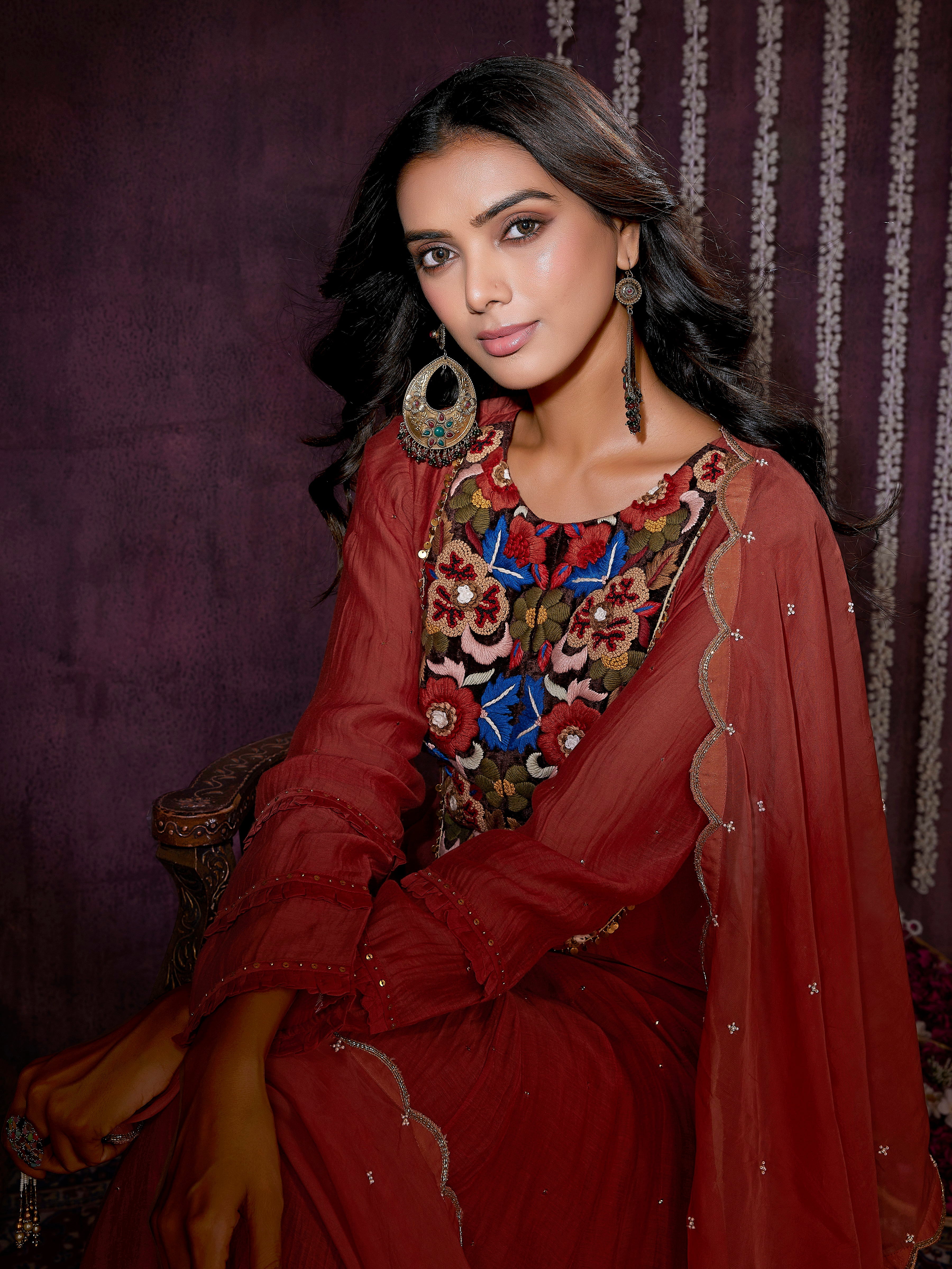 Rust Chanderi Silk Kurta Set with Organza Dupatta