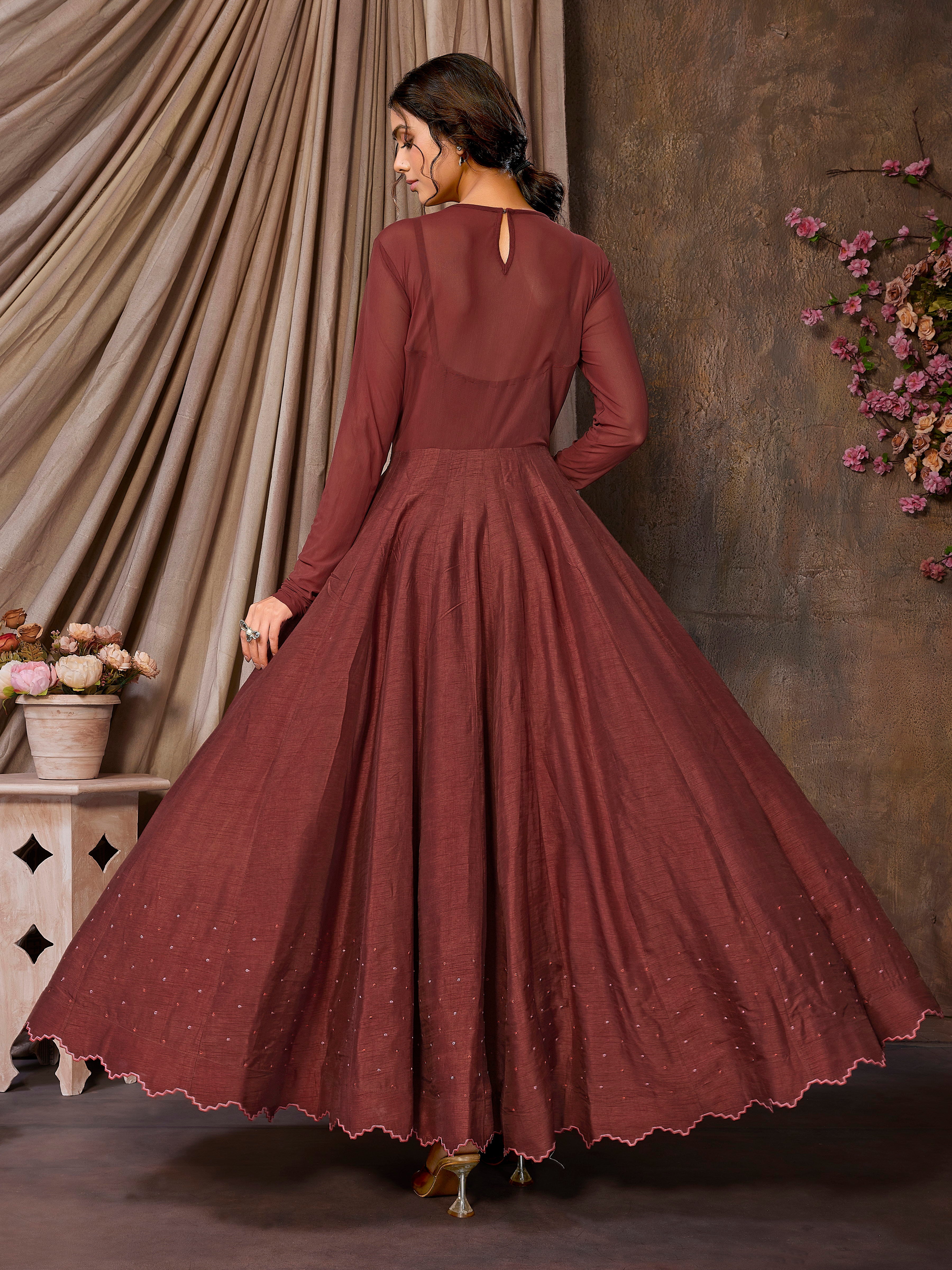 Rustic Maroon Indo-Western Gown in Lycra Net with Hand Embroidery
