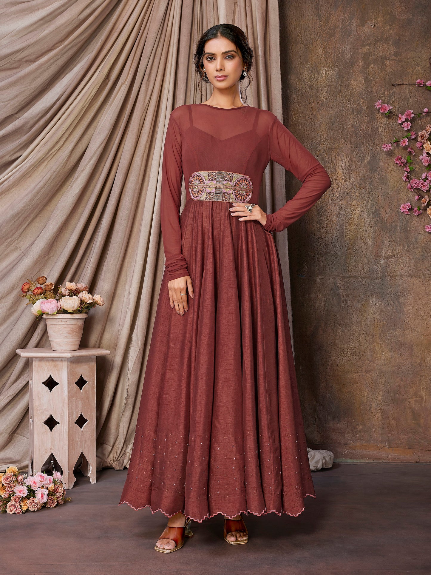 Rustic Maroon Indo-Western Gown in Lycra Net with Hand Embroidery