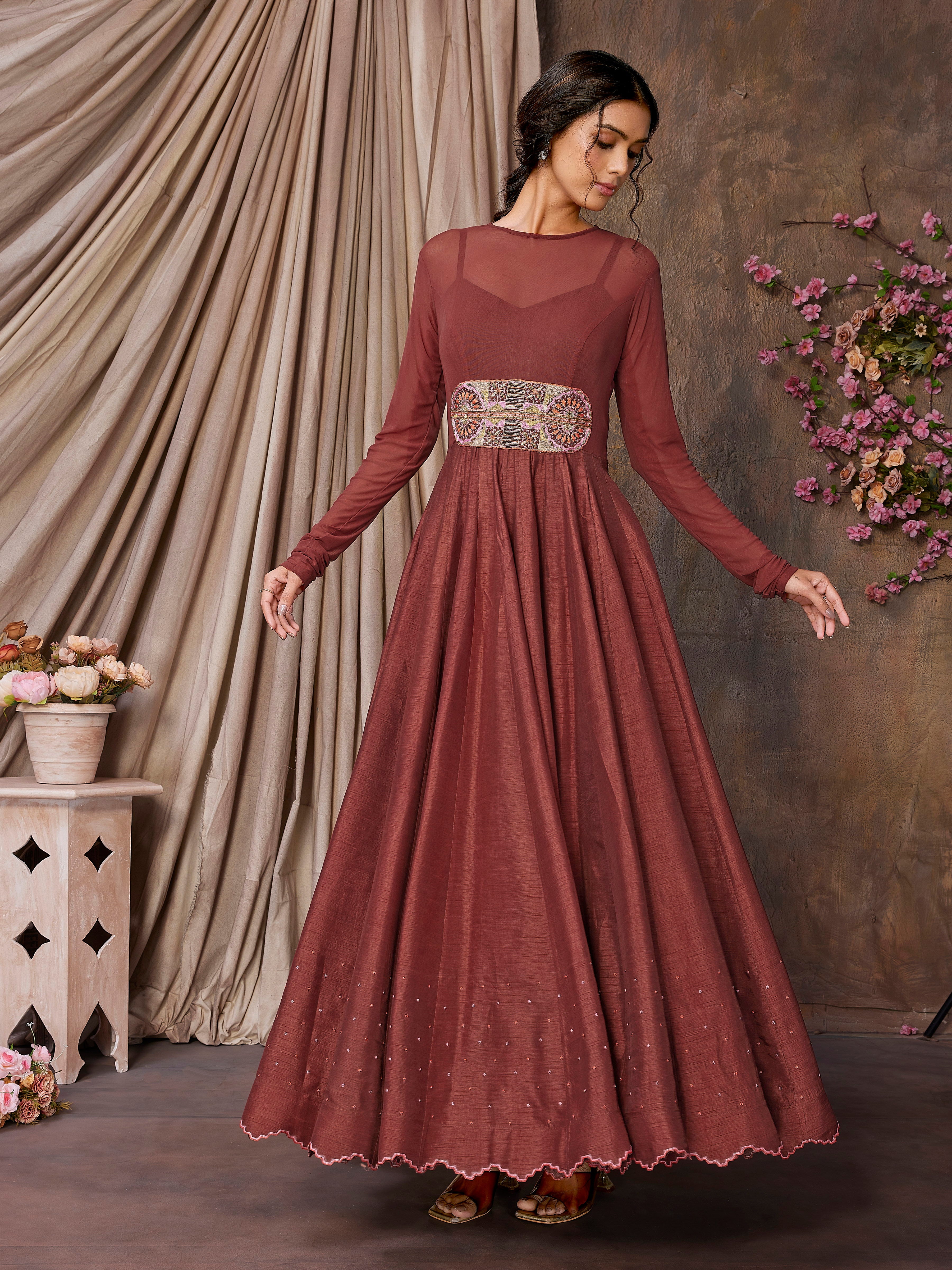 Rustic Maroon Indo-Western Gown in Lycra Net with Hand Embroidery