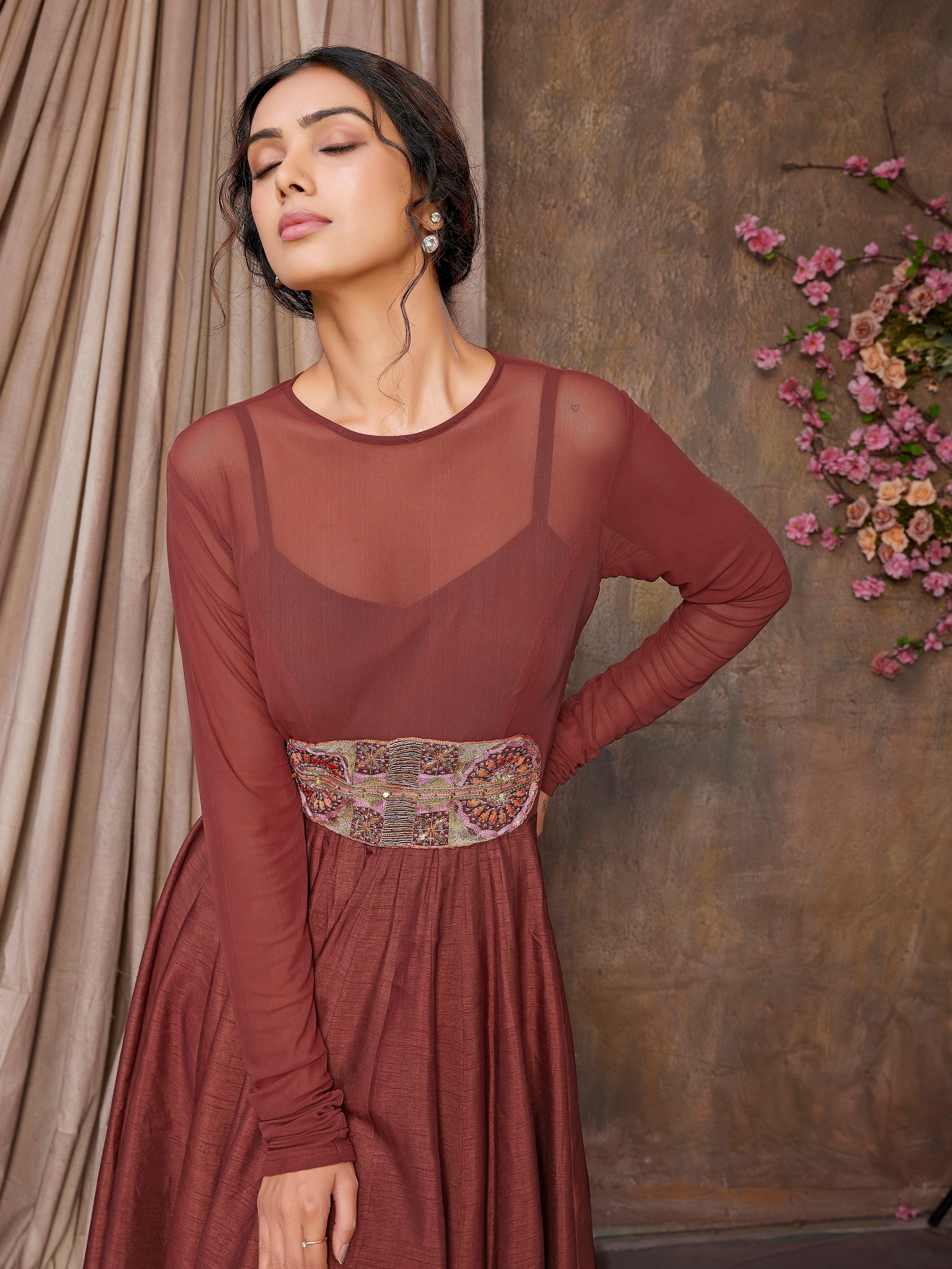 Rustic Maroon Indo-Western Gown in Lycra Net with Hand Embroidery