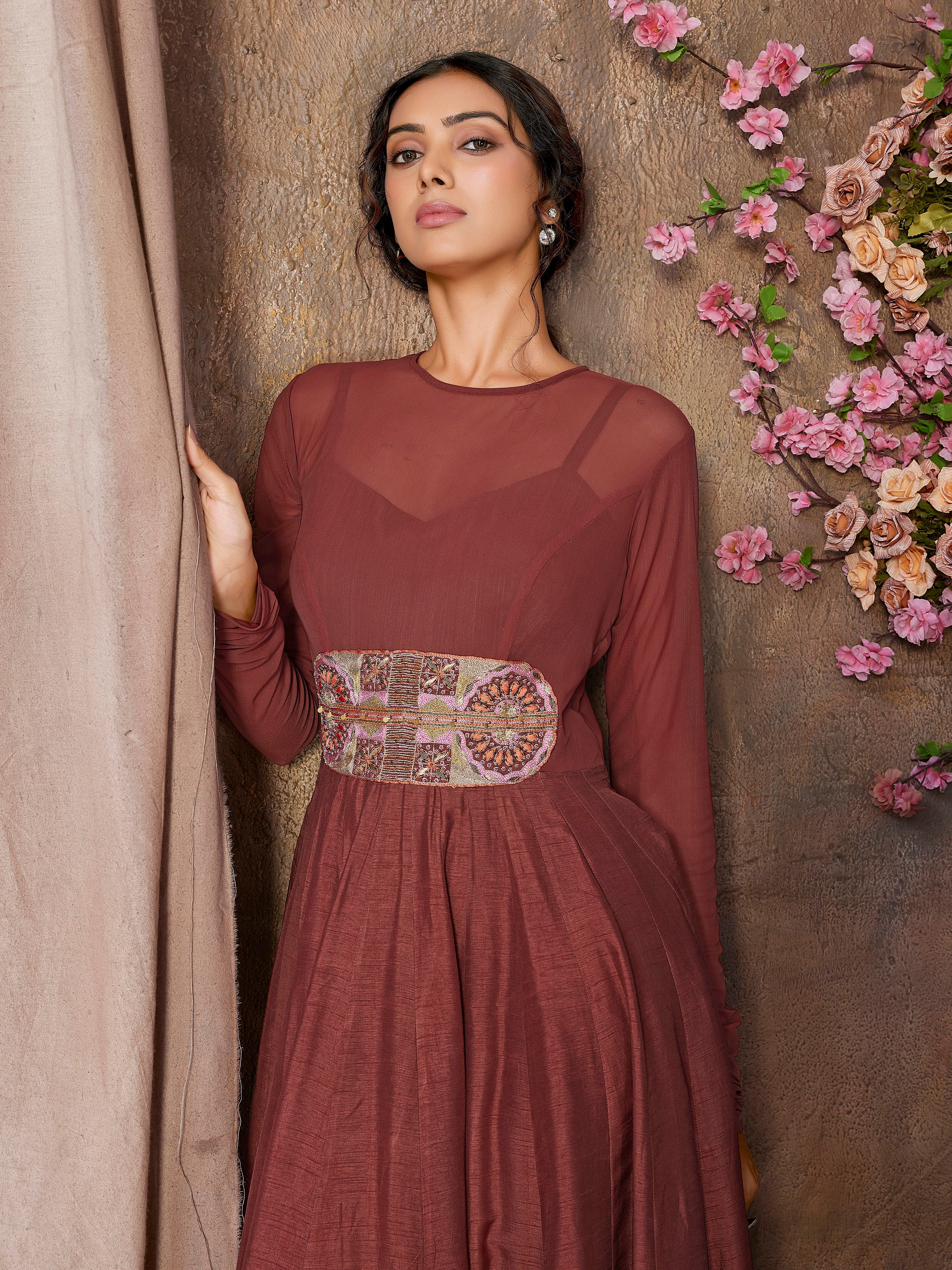 Rustic Maroon Indo-Western Gown in Lycra Net with Hand Embroidery