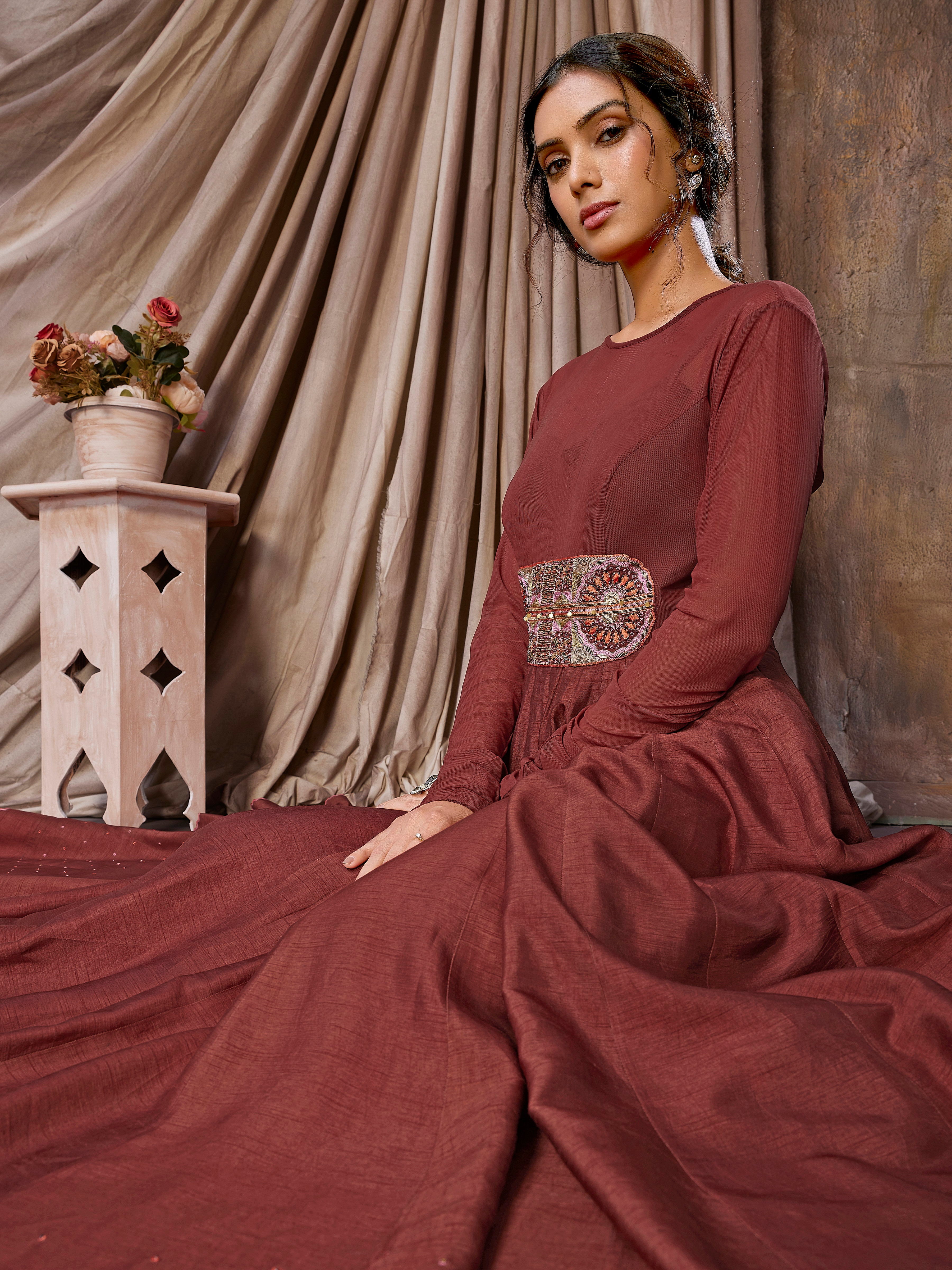 Rustic Maroon Indo-Western Gown in Lycra Net with Hand Embroidery