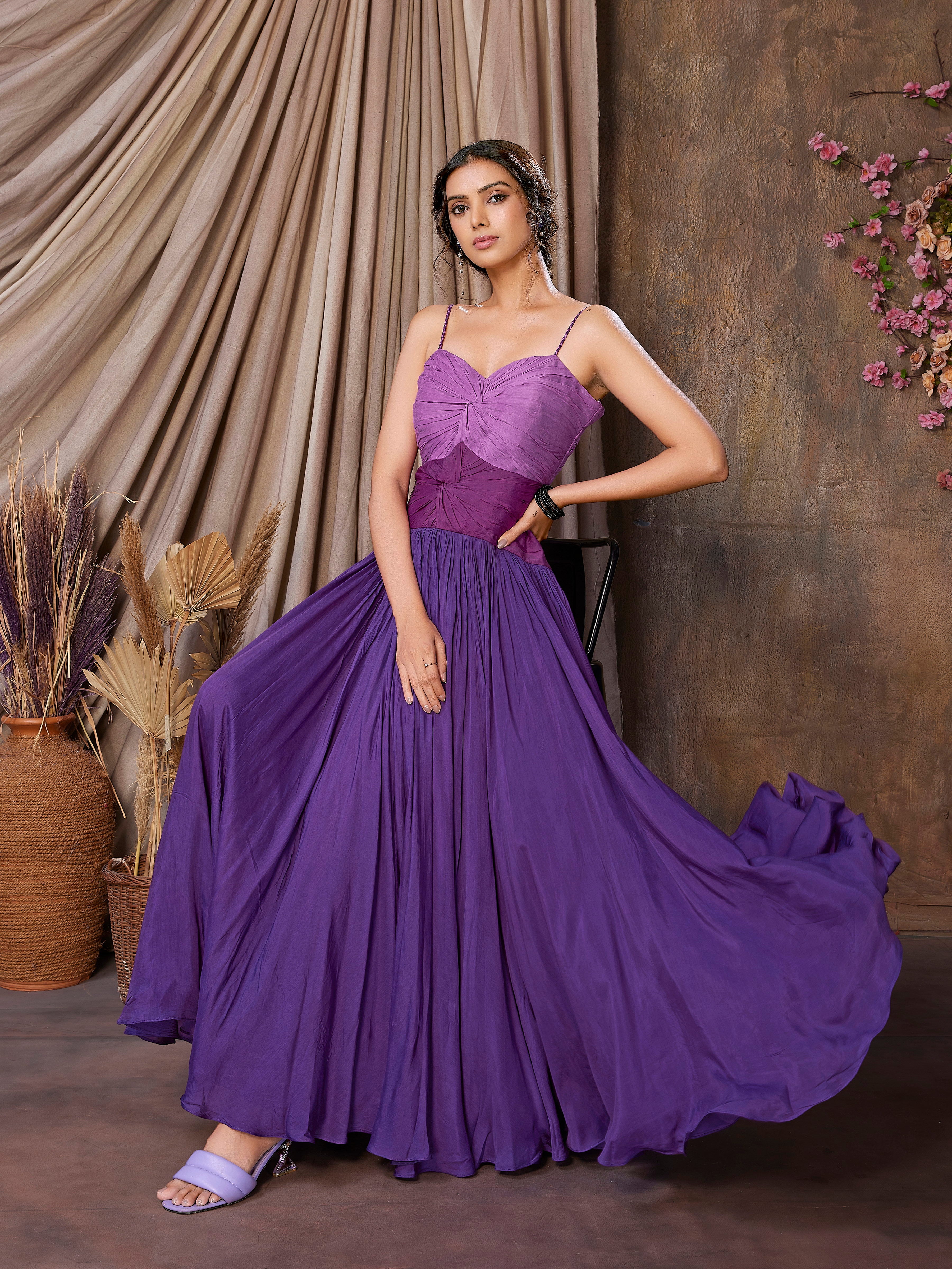 Purple & New York Pink Muslin Silk Indo-Western Gown