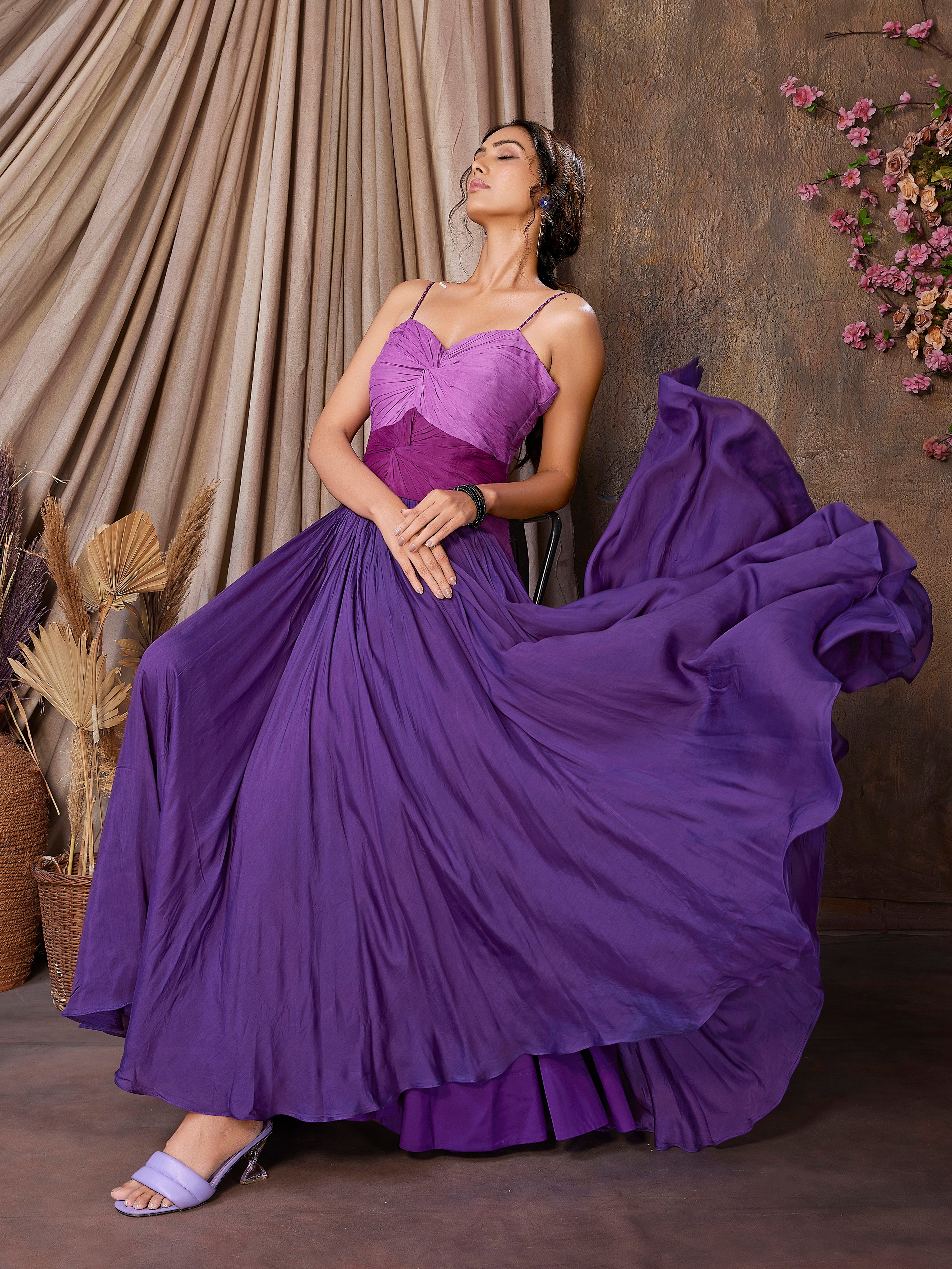 Purple & New York Pink Muslin Silk Indo-Western Gown