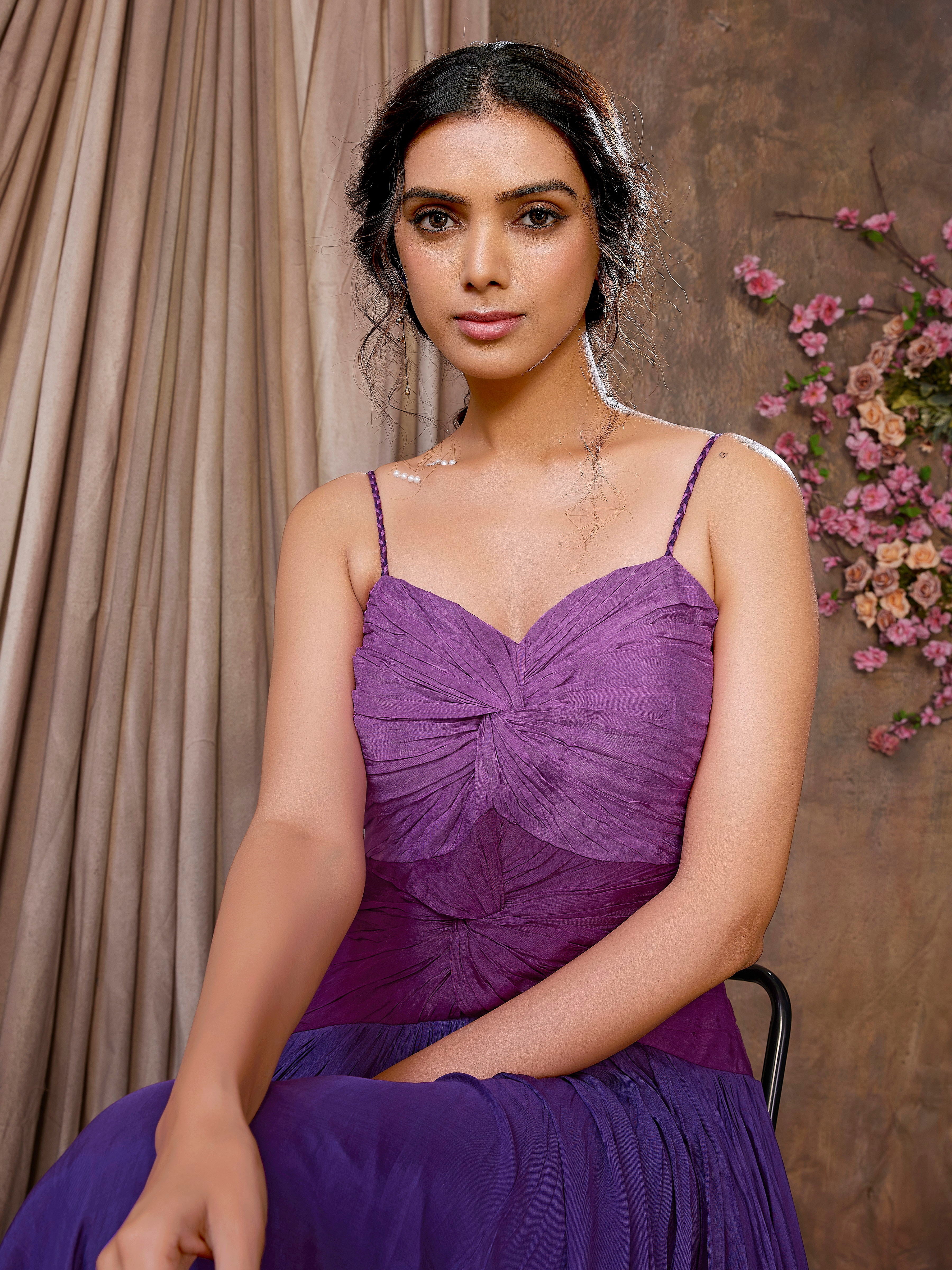 Purple & New York Pink Muslin Silk Indo-Western Gown