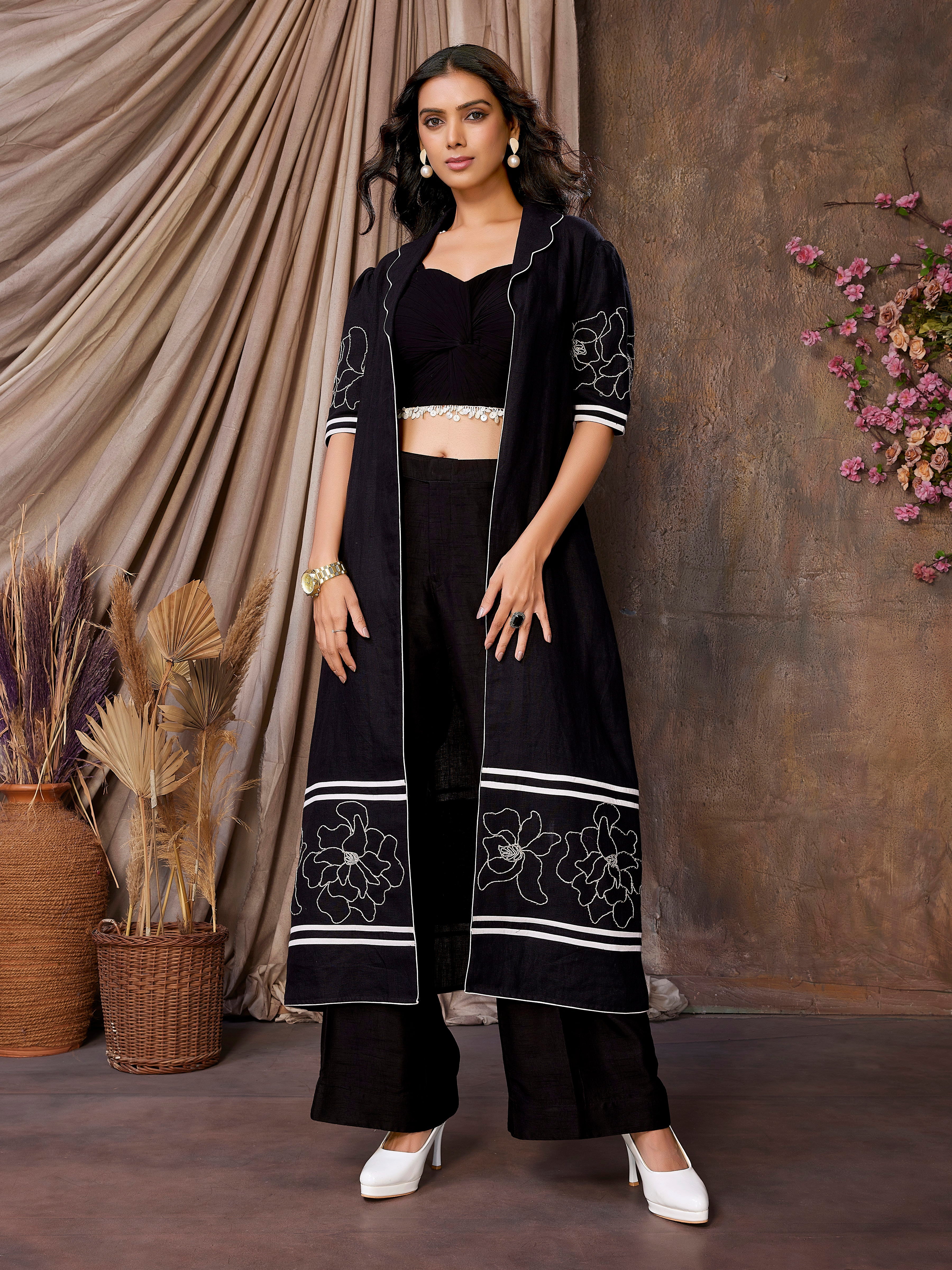 Black Pure Linen 3-Piece Set with Shrug, Pleated Tube, and Trouser