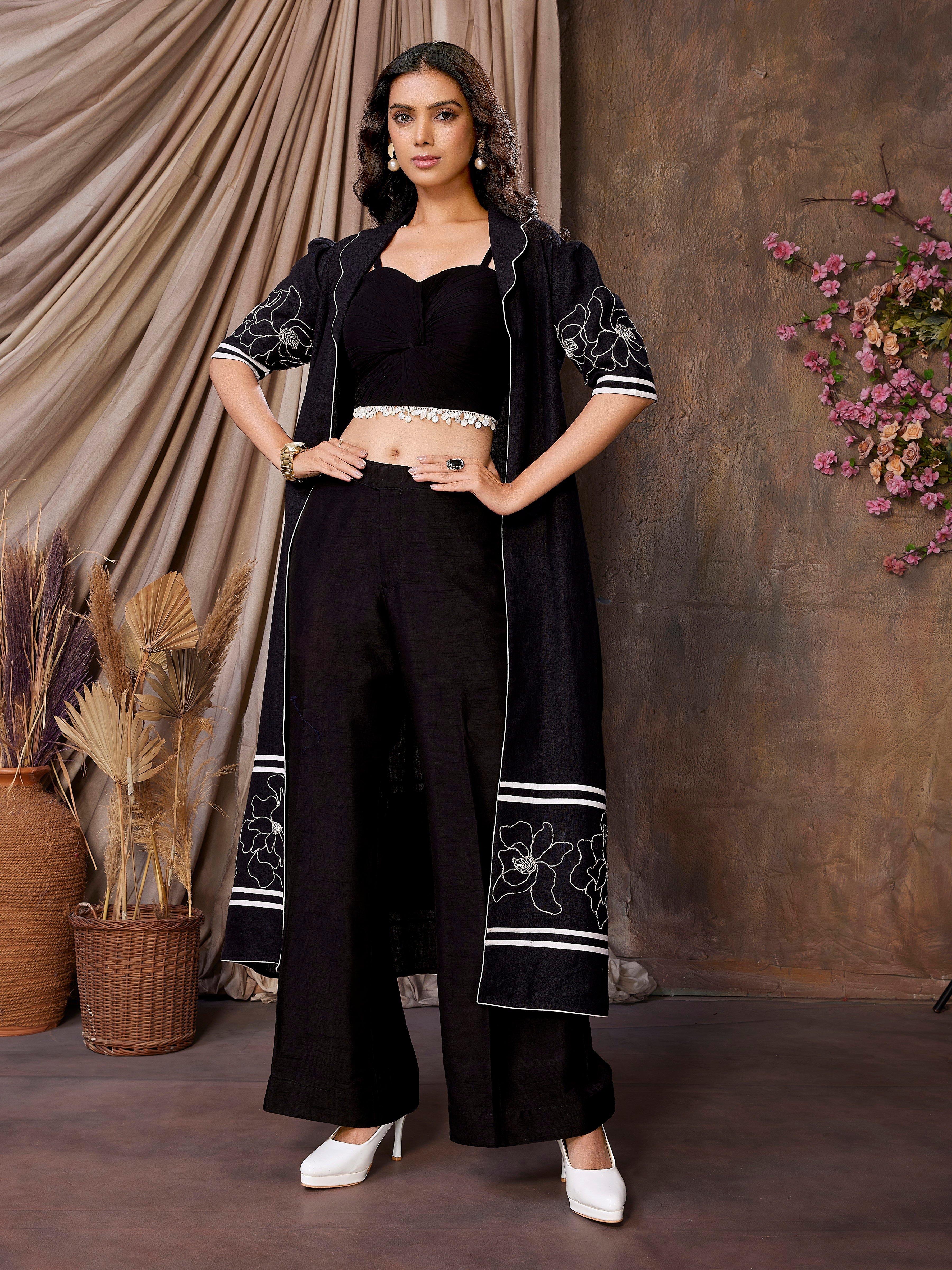 Black Pure Linen 3-Piece Set with Shrug, Pleated Tube, and Trouser
