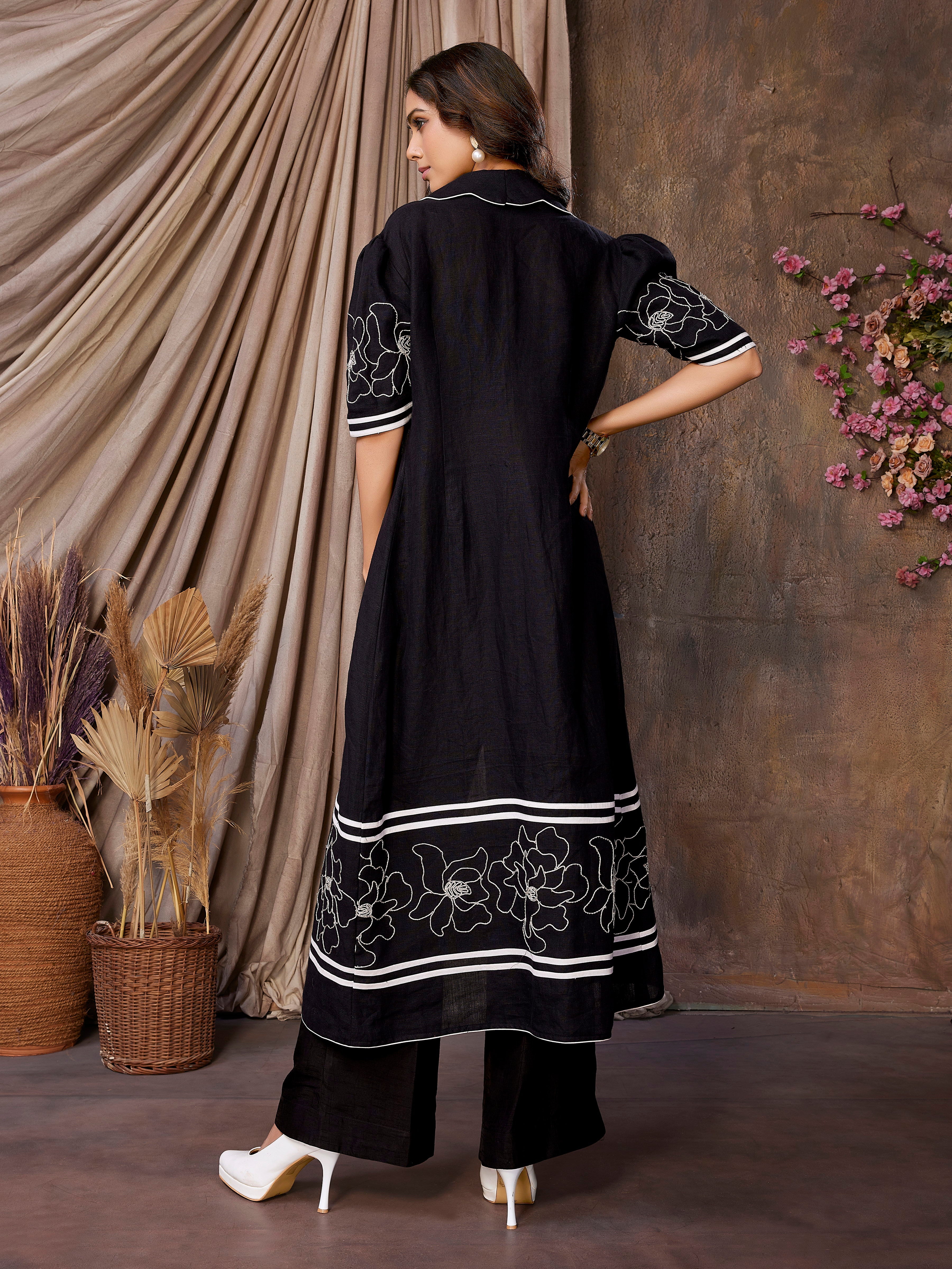 Black Pure Linen 3-Piece Set with Shrug, Pleated Tube, and Trouser