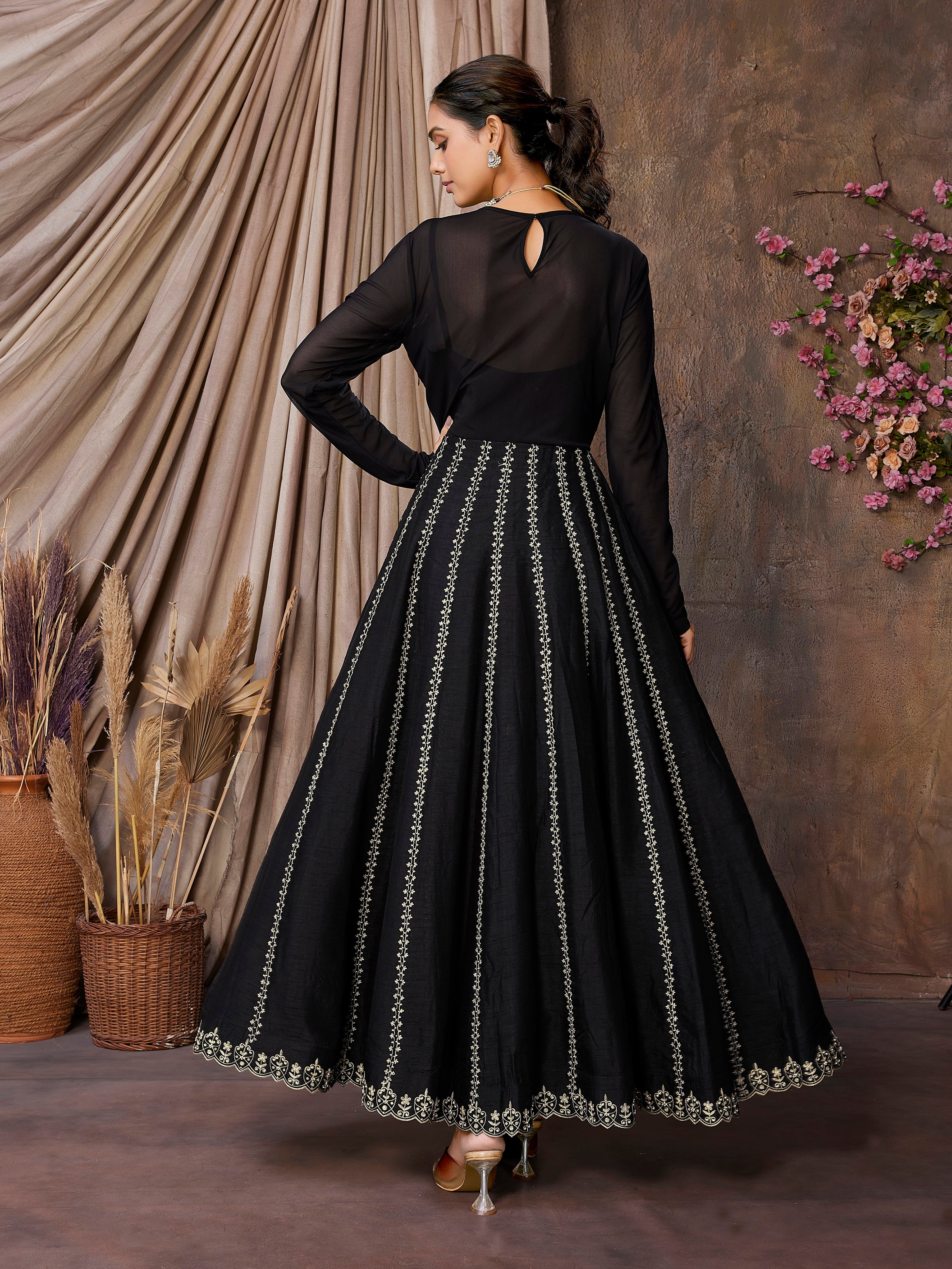 Black Flatro Silk & Lycra Net Indo Western Dress with Cut Work Border and Hand Embroidery