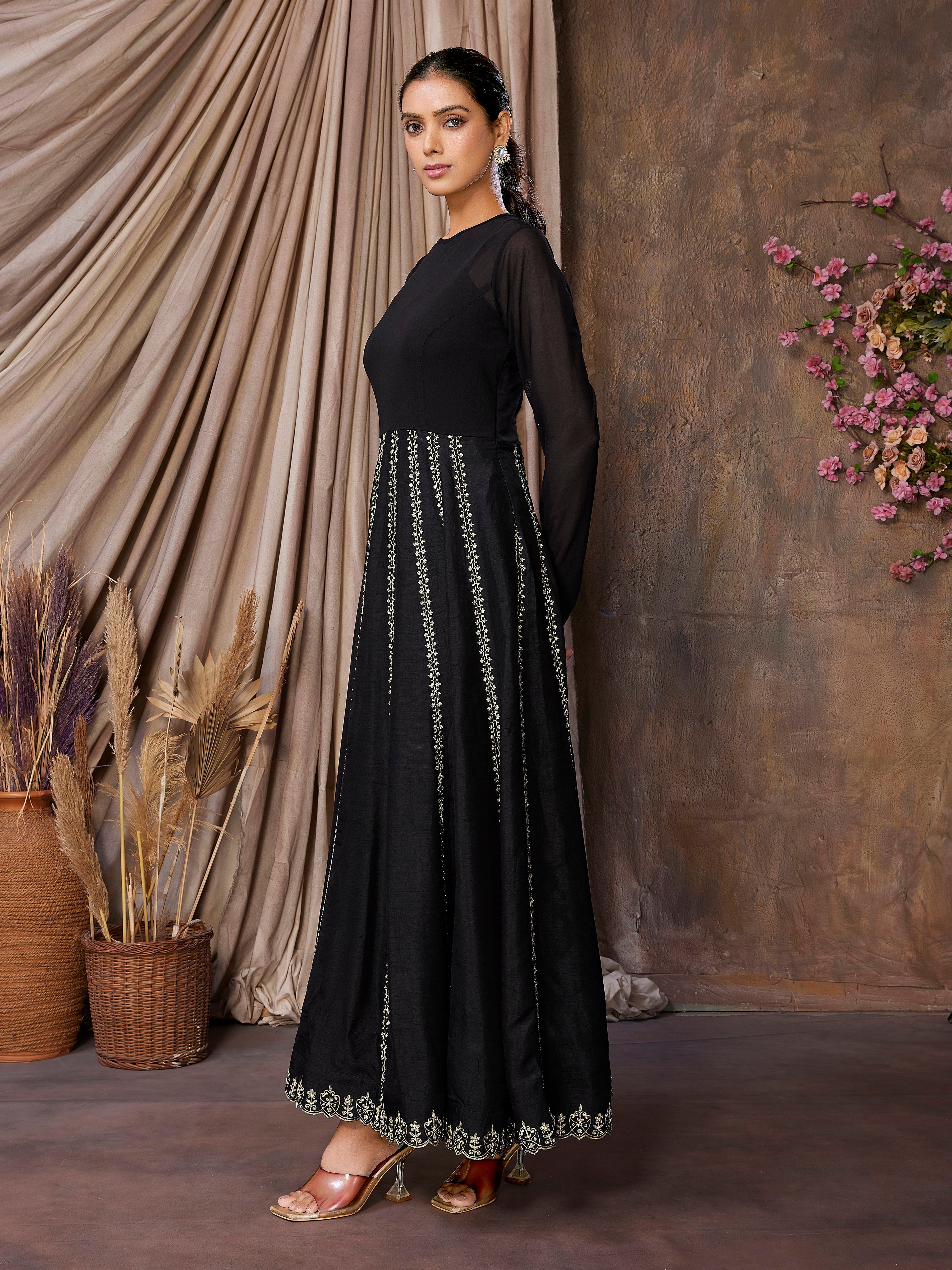Black Flatro Silk & Lycra Net Indo Western Dress with Cut Work Border and Hand Embroidery
