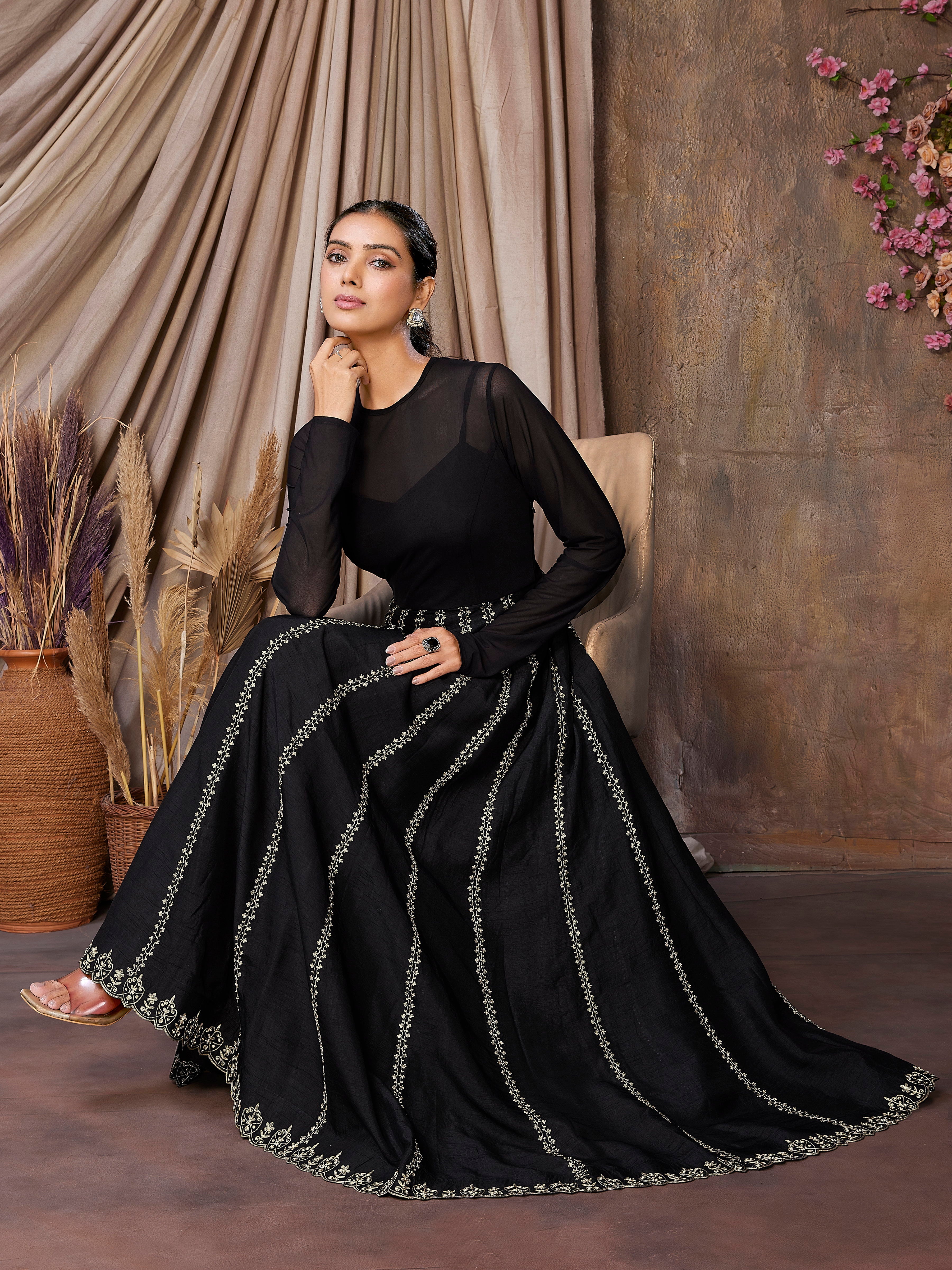 Black Flatro Silk & Lycra Net Indo Western Dress with Cut Work Border and Hand Embroidery