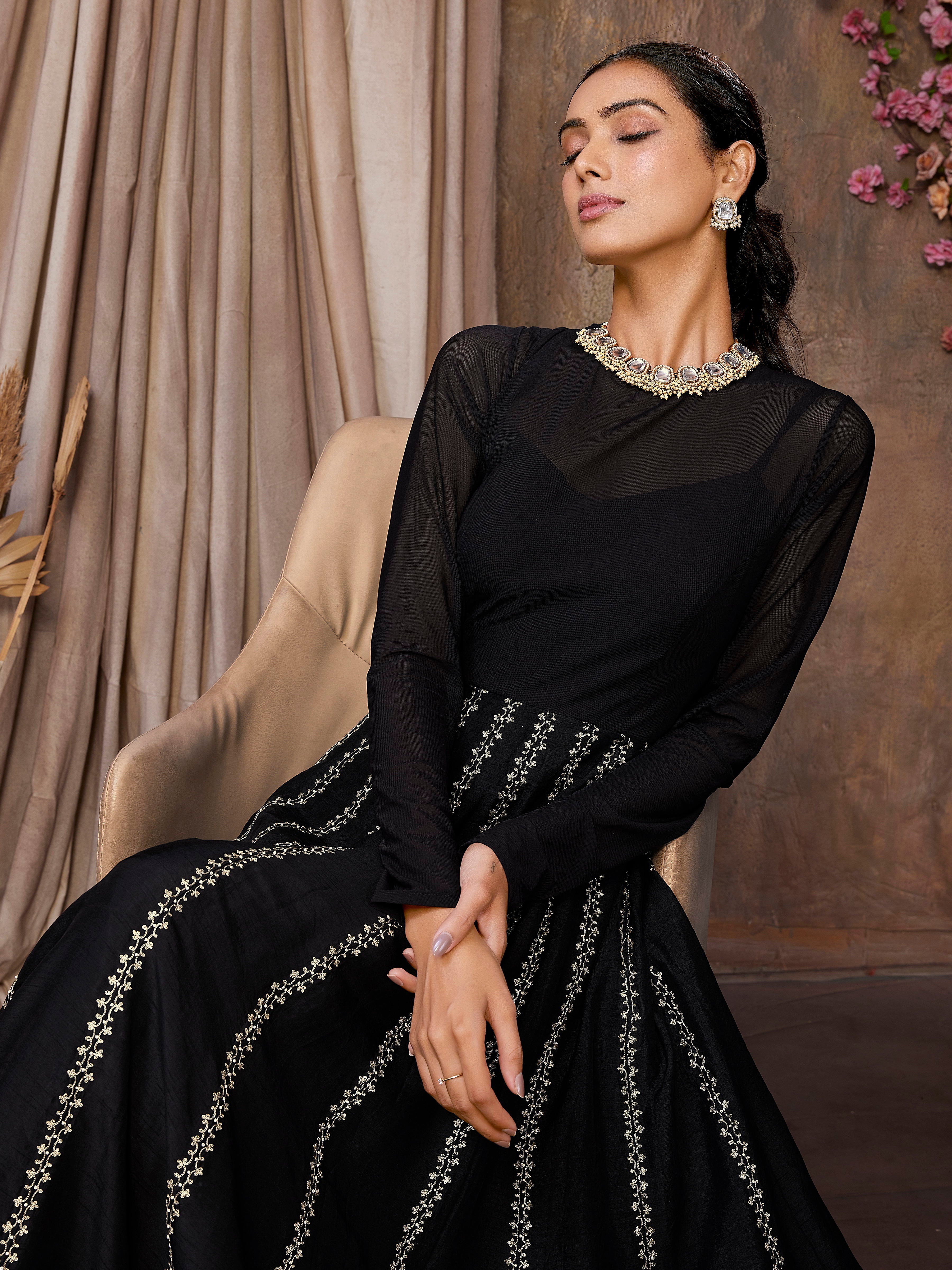 Black Flatro Silk & Lycra Net Indo Western Dress with Cut Work Border and Hand Embroidery