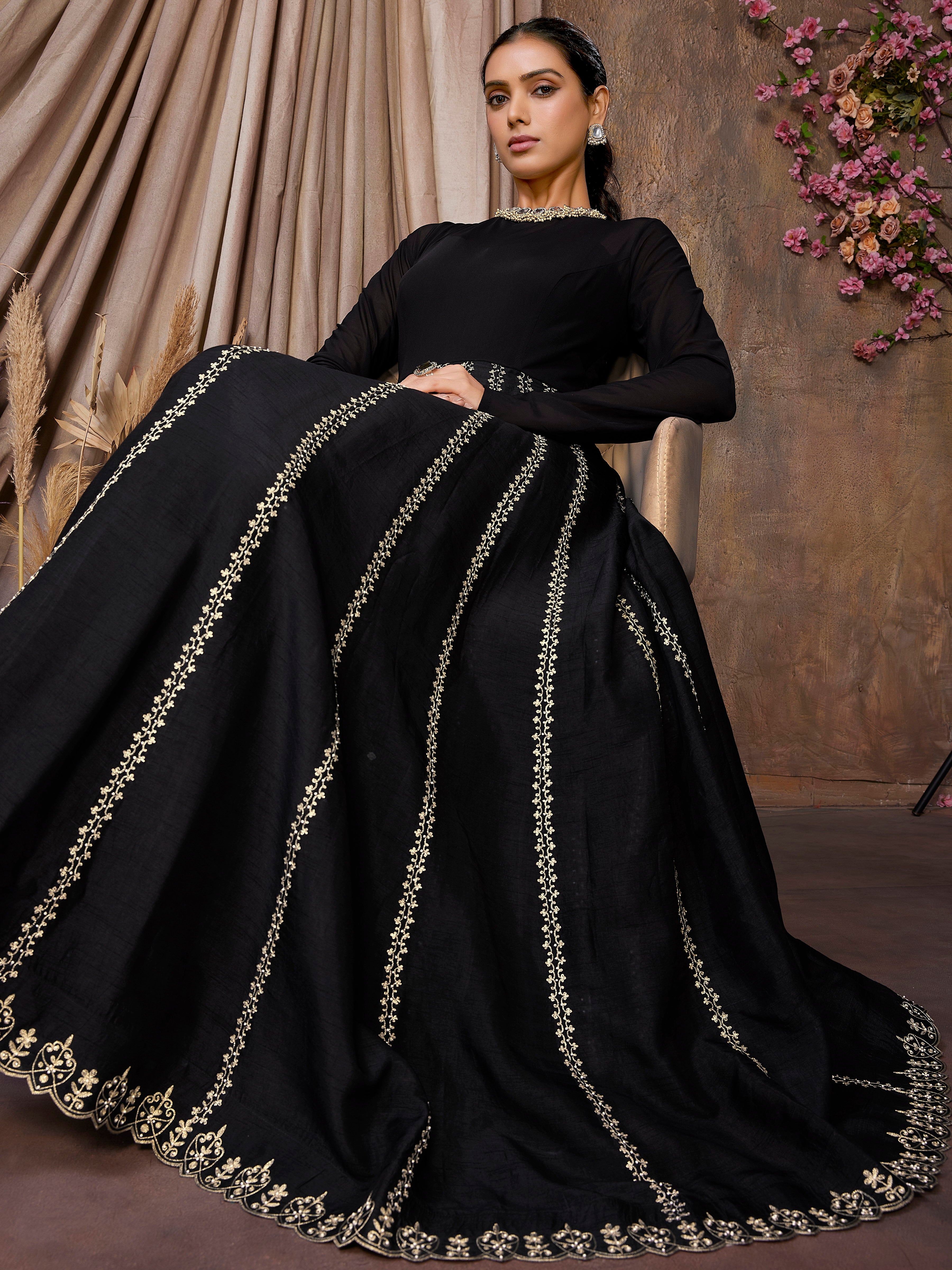 Black Flatro Silk & Lycra Net Indo Western Dress with Cut Work Border and Hand Embroidery