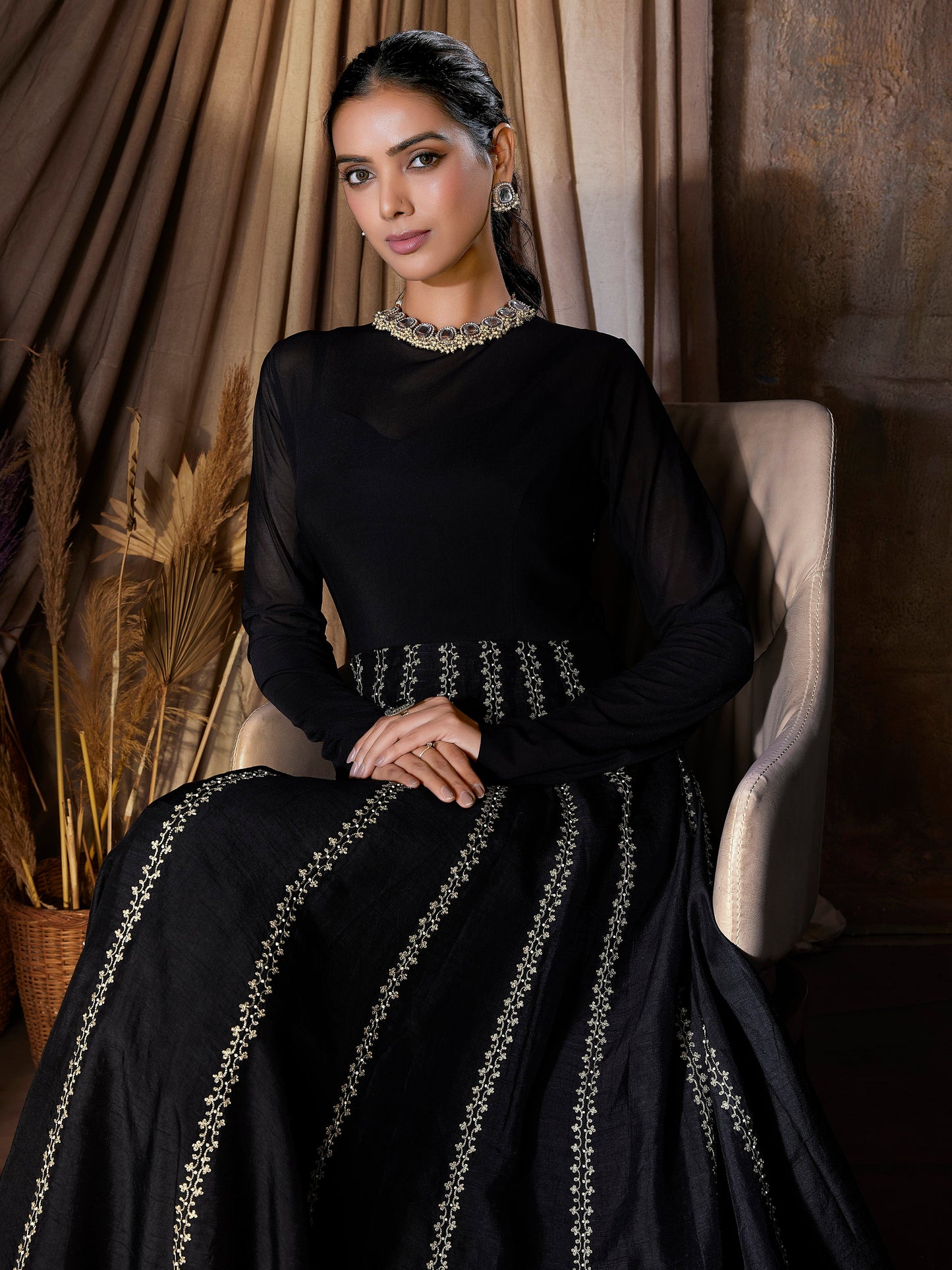 Black Flatro Silk & Lycra Net Indo Western Dress with Cut Work Border and Hand Embroidery