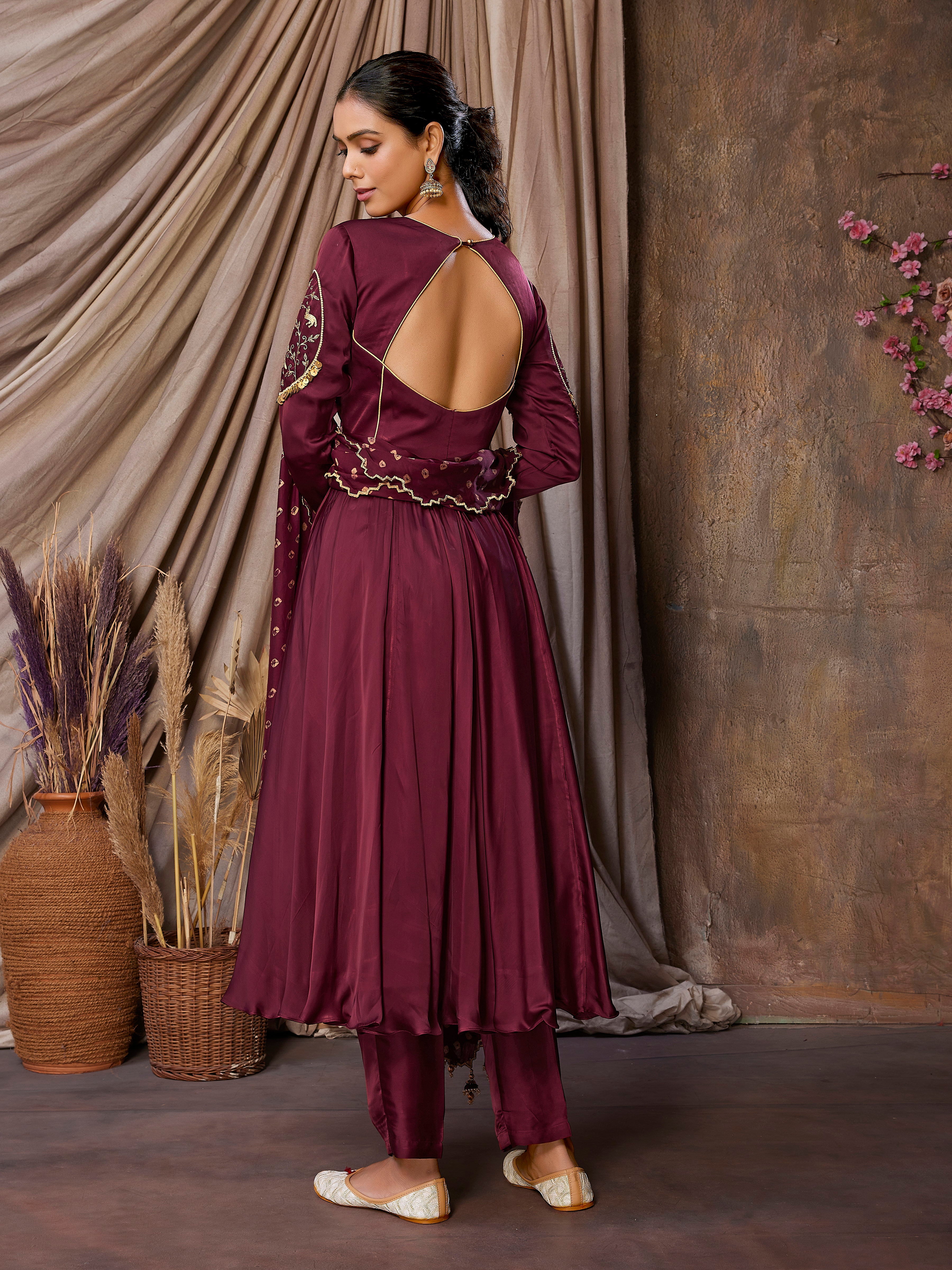 Handcrafted Maroon Anarkali Set with Cutwork Bandni Dupatta