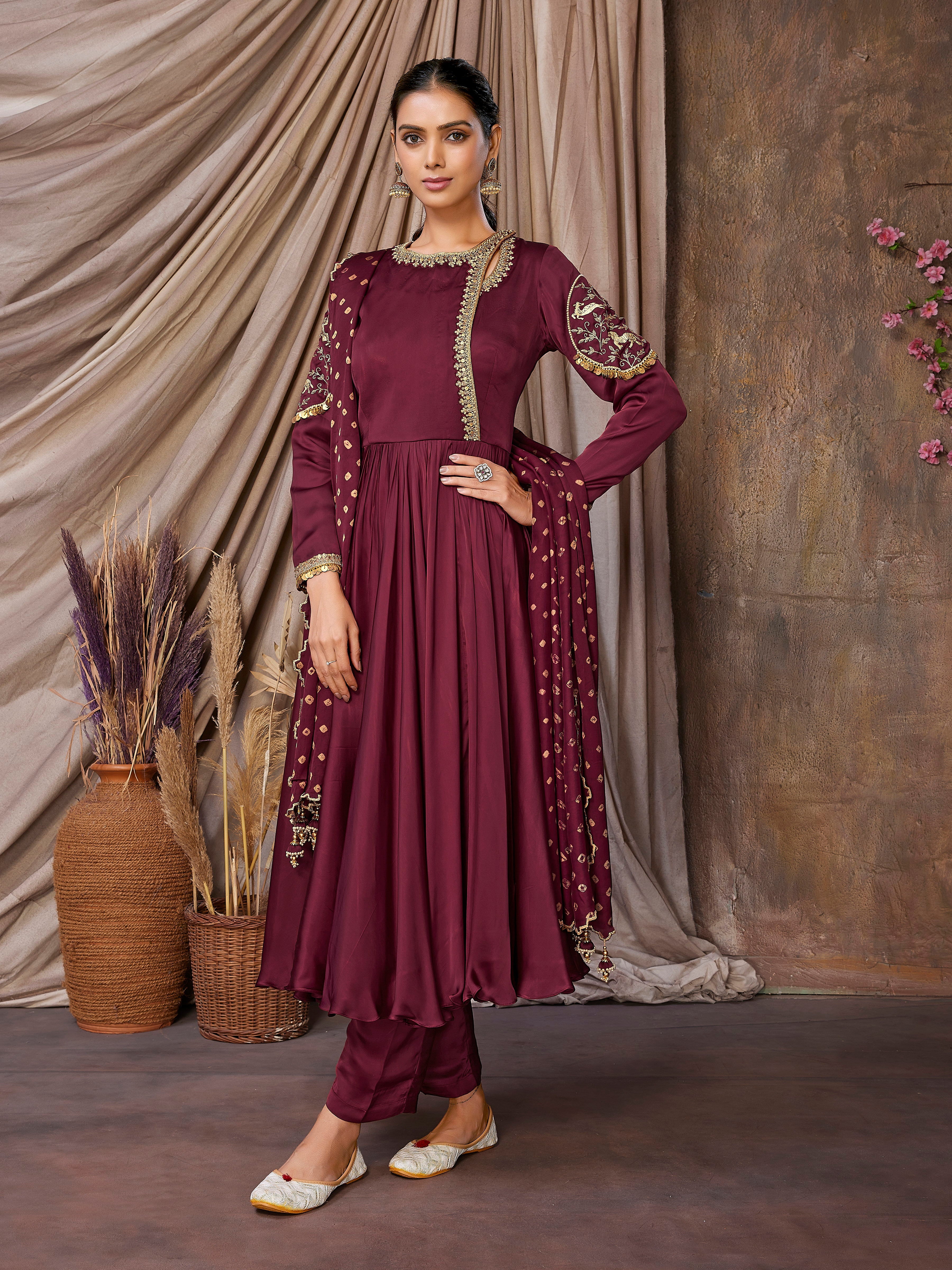 Handcrafted Maroon Anarkali Set with Cutwork Bandni Dupatta