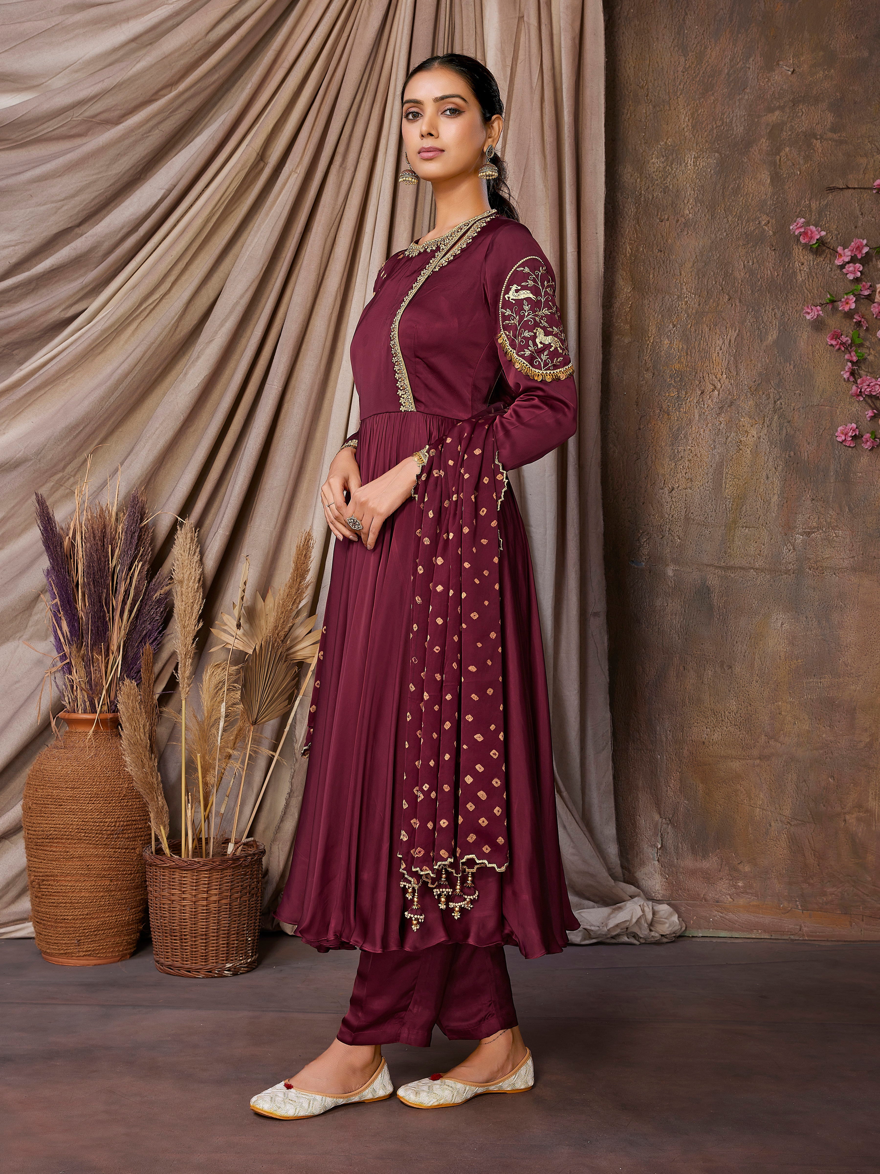 Handcrafted Maroon Anarkali Set with Cutwork Bandni Dupatta
