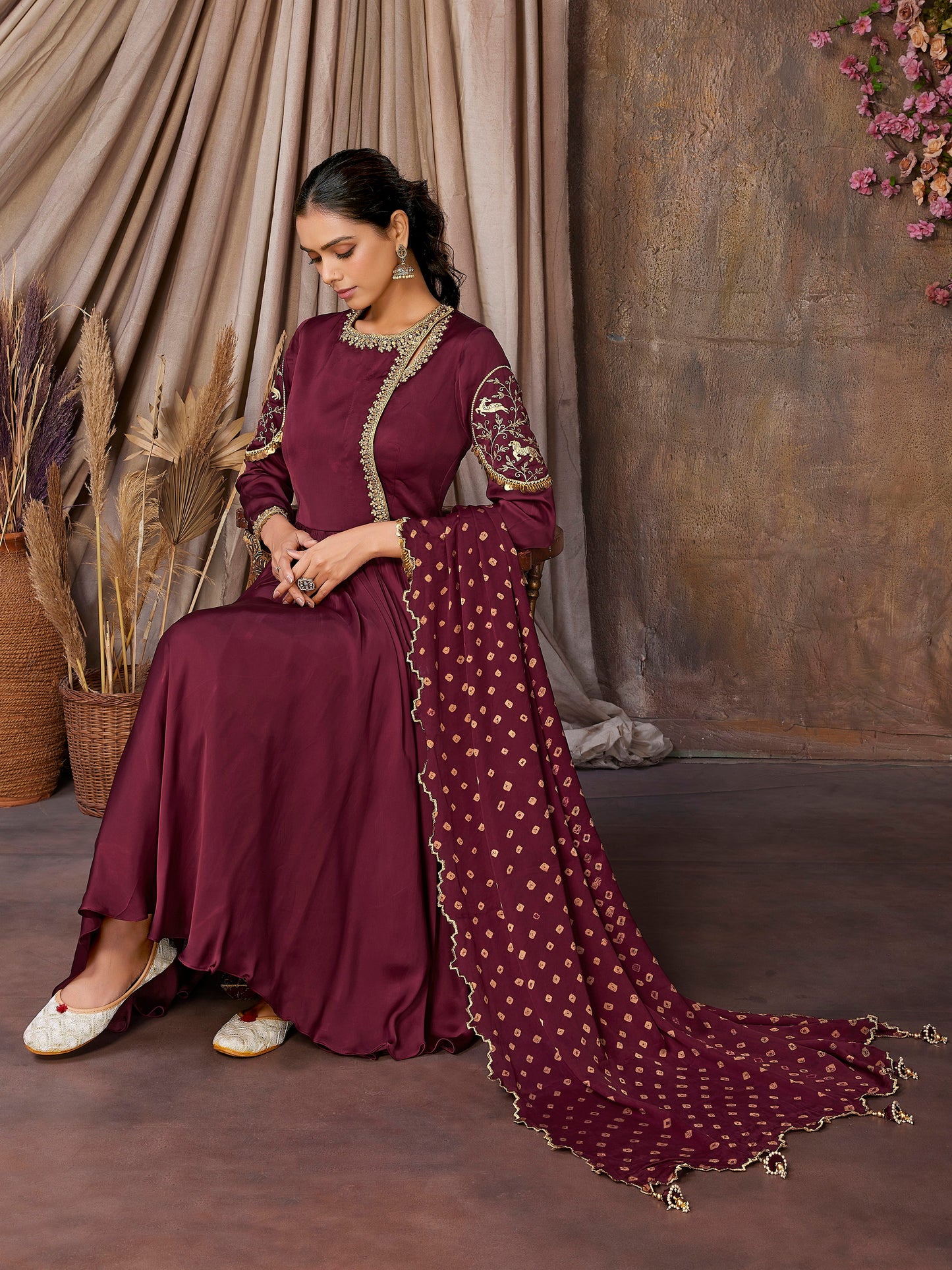 Handcrafted Maroon Anarkali Set with Cutwork Bandni Dupatta
