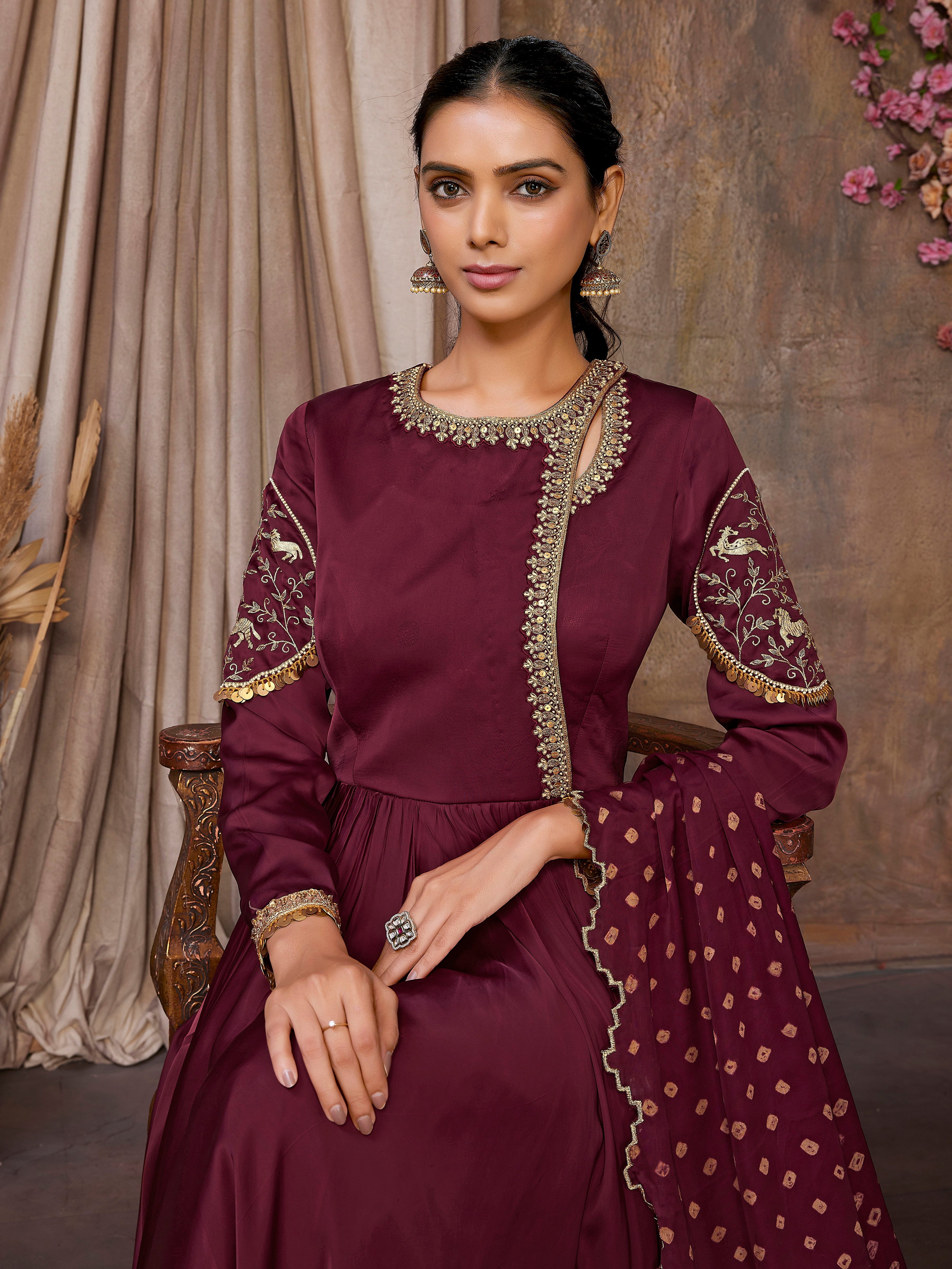 Handcrafted Maroon Anarkali Set with Cutwork Bandni Dupatta