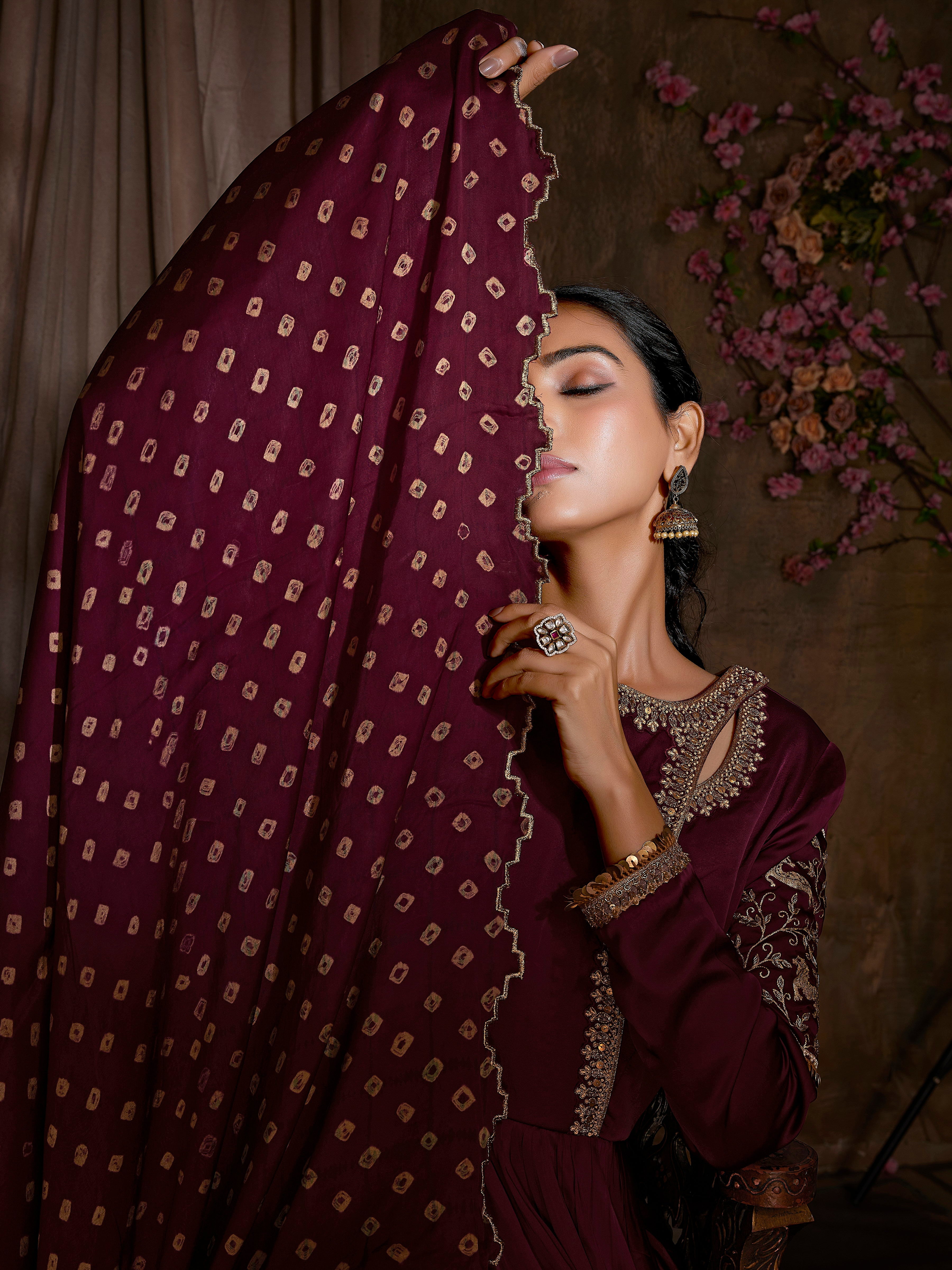 Handcrafted Maroon Anarkali Set with Cutwork Bandni Dupatta